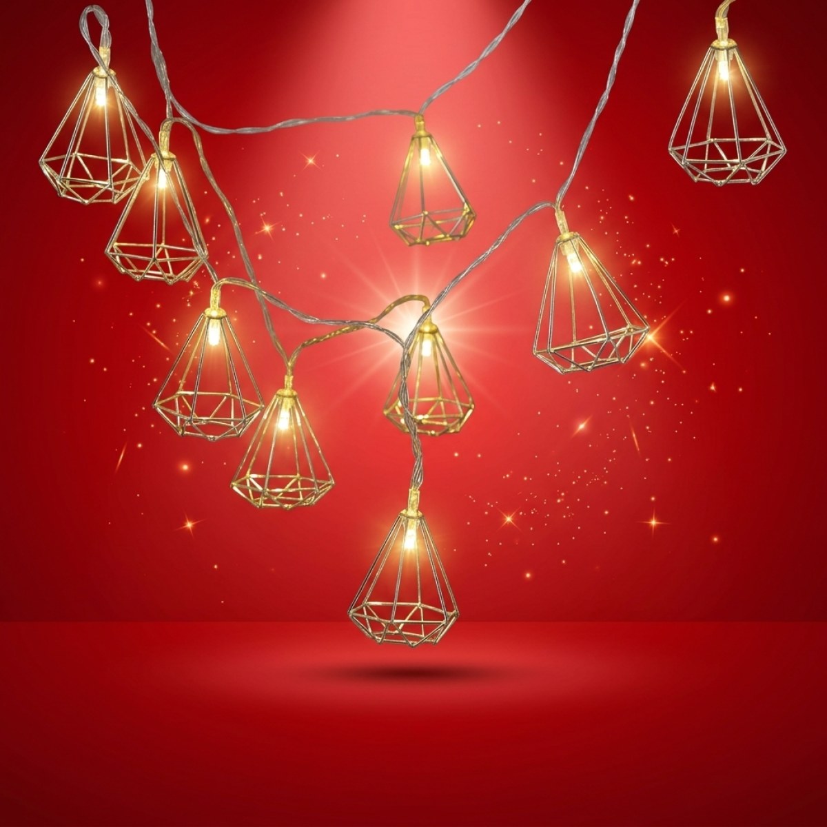 LED Lichterkette DIAMANT - 10 kleine beleuchtete Diamanten - Batterie - L: 1,6m - silber