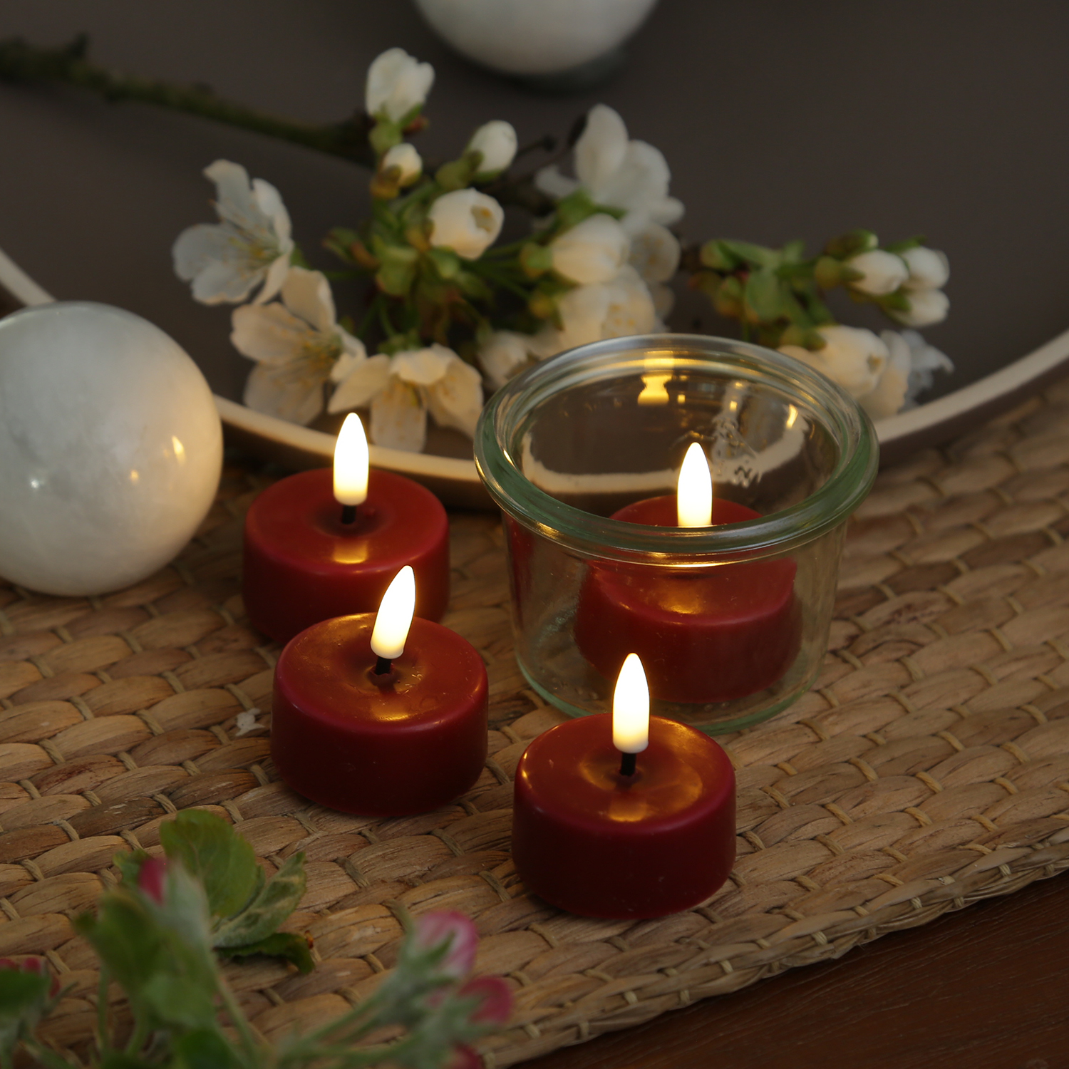 LED Mini Teelichter MIA - realistische 3D Flamme - D: 3,5cm - mit Batterien - bordeauxrot - 4 Stück