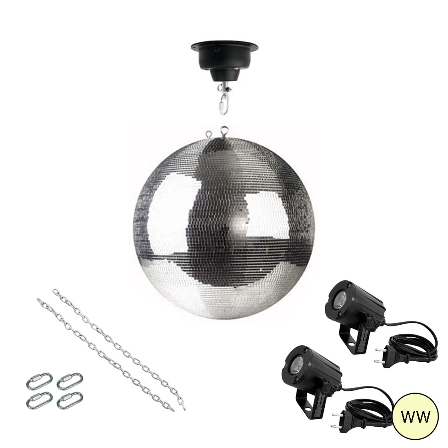 Spiegelkugel Komplettset - Discokugel, Motor, Pinspot, Montagematerial für Diskokugel - Mirrorball Set - Partyset Spiegelkugel Komplettset - Discokugel, Motor, Pinspot, Montagematerial für Diskokugel - Mirrorball Set - Partyset