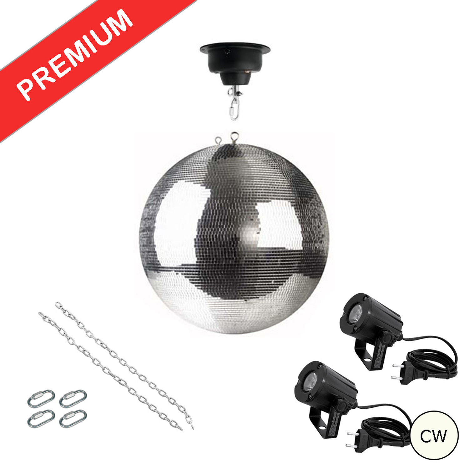 Spiegelkugel Komplettset 40cm - Discokugel, Motor, Pinspot, Montagematerial für Diskokugel - Mirrorball Set - Partyset