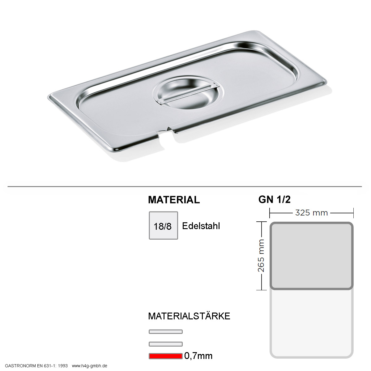 Gastronorm Deckel GN 1/2 - mit Löffelaussparung -  GN90 - 18/8 Edelstahl - 0,7mm