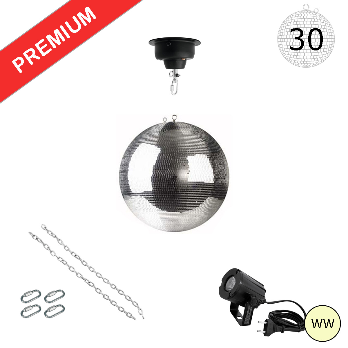 Spiegelkugel Komplettset - Discokugel, Motor, Pinspot, Montagematerial für Diskokugel - Mirrorball Set - Partyset