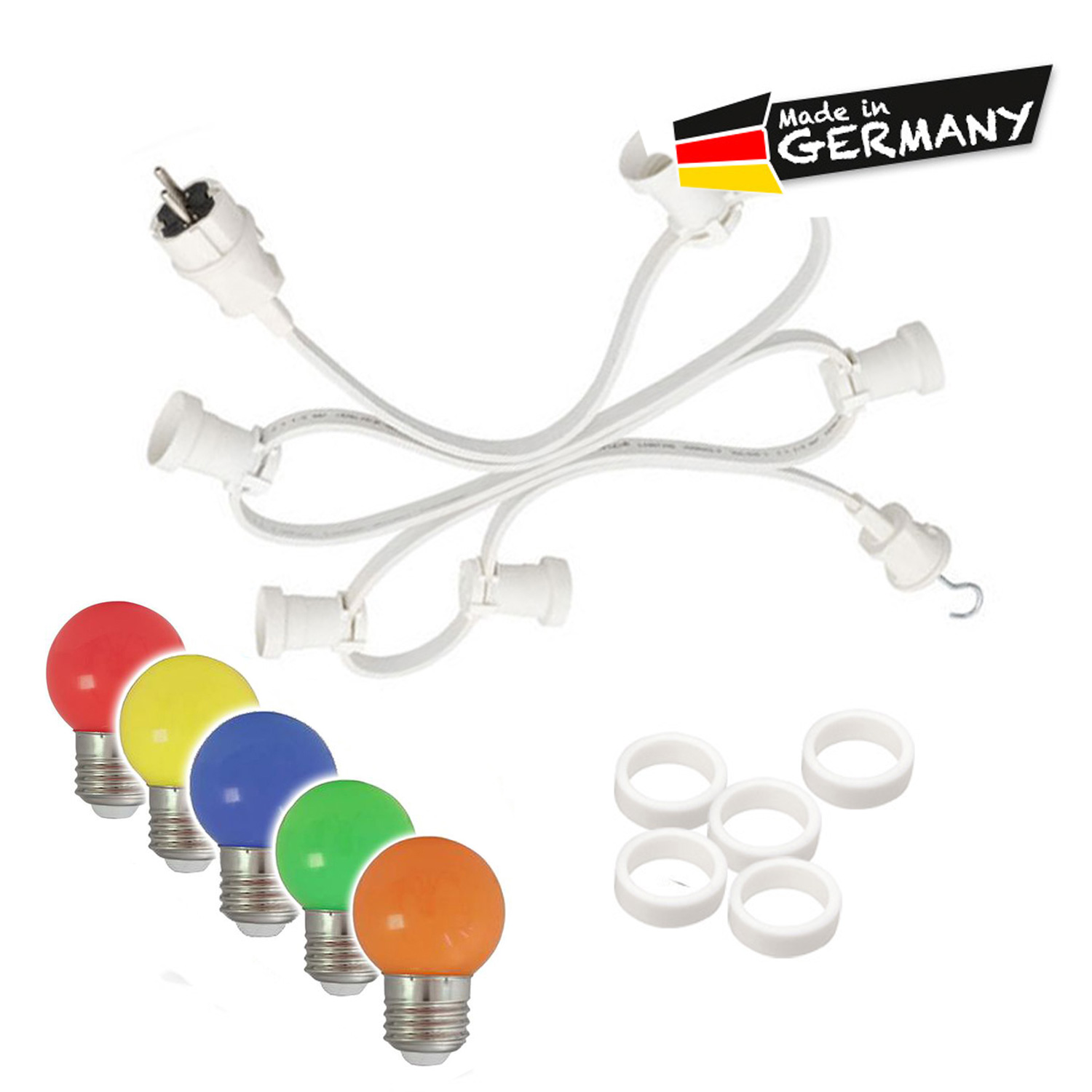 Illu-/Partylichterkette 30m - Außenlichterkette weiß - Made in Germany - 50 x bunte LED Kugellampen Illu-/Partylichterkette 30m - Außenlichterkette weiß - Made in Germany - 50 x bunte LED Kugellampen