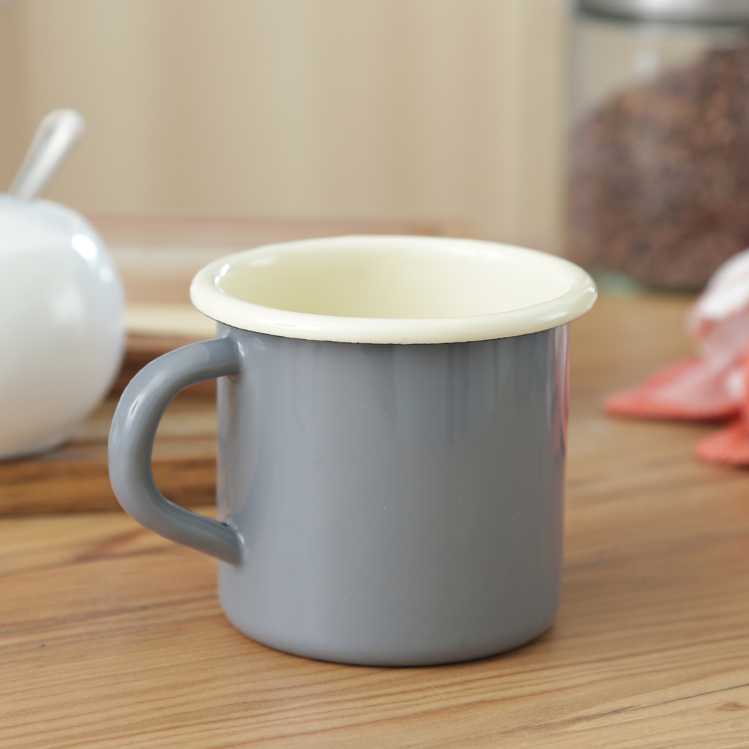 Krüger Becher - Blechbecher emailliert - D: 8cm - 0,35L - grau, creme