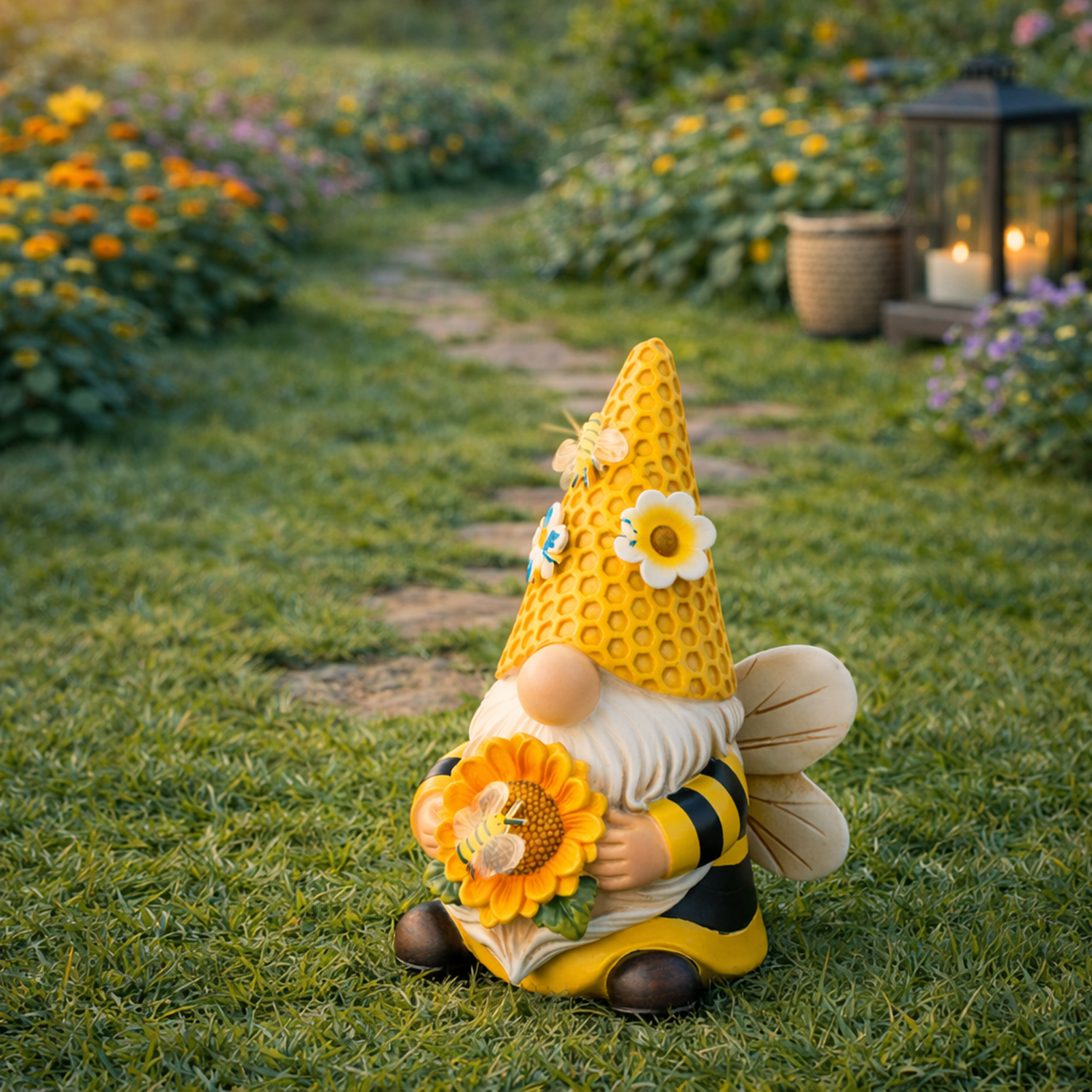 LED Solar Gartenzwerg Biene mit Blume - Gartenfigur - warmweiße LED - Lichtsensor - H: 17,5cm