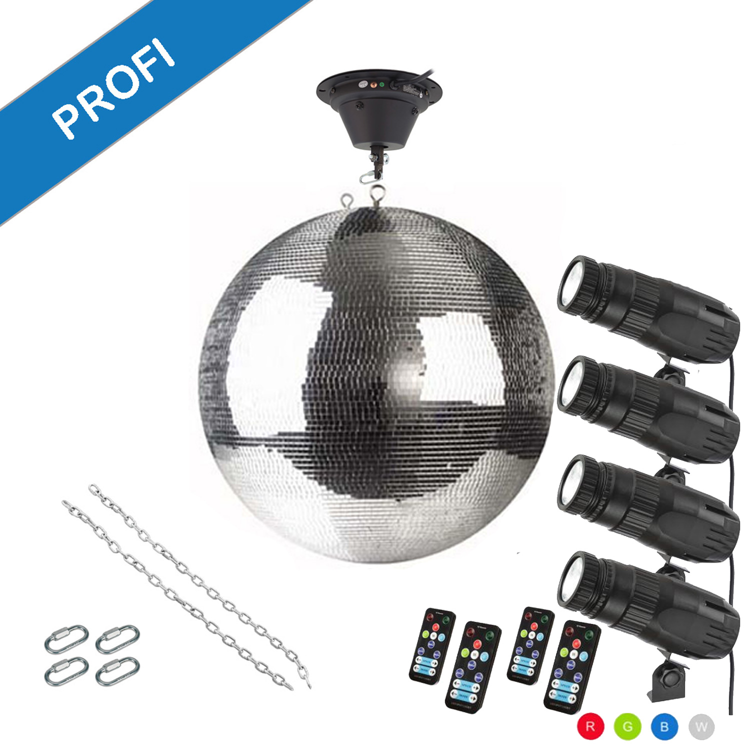 Spiegelkugel Komplettset - Discokugel, Motor, Pinspot, Montagematerial für Diskokugel - Mirrorball Set - Partyset