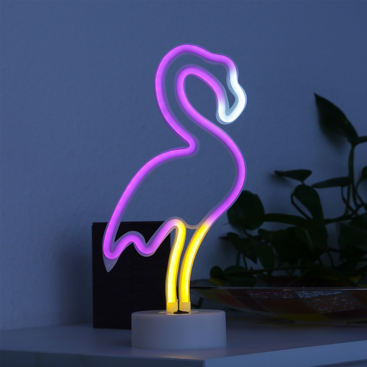 LED NEON Figur FLAMINGO - Neonlicht - H: 30cm - Batteriebetrieb - stehend - pink/gelb