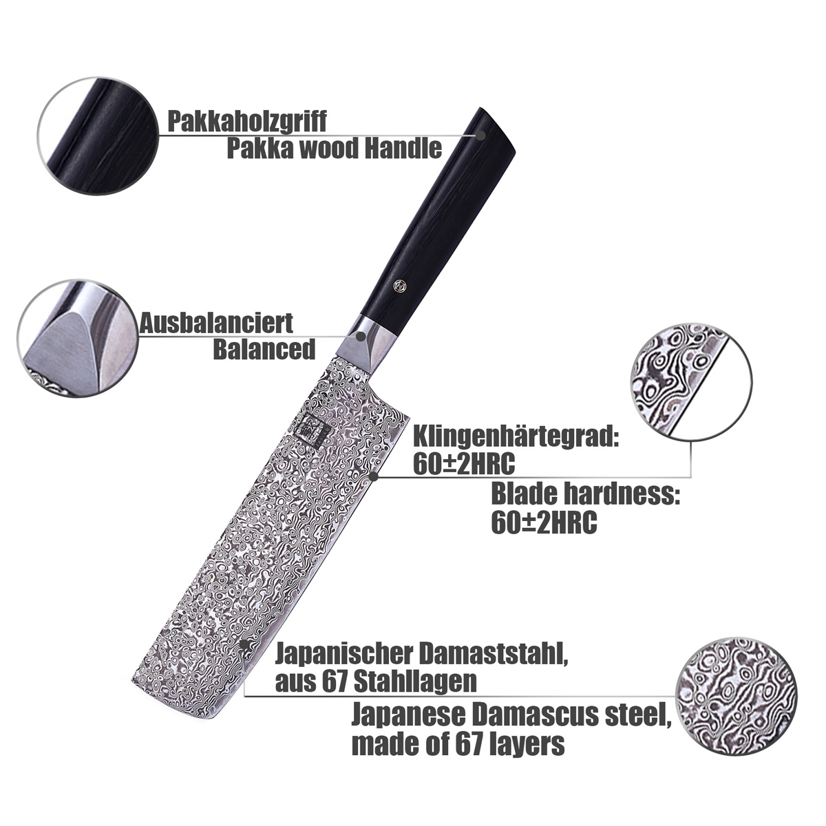 ZAYIKO Damastmesser BLACK EDITION "Nakirimesser" - Pakkaholz - VG-10 Stahlkern
