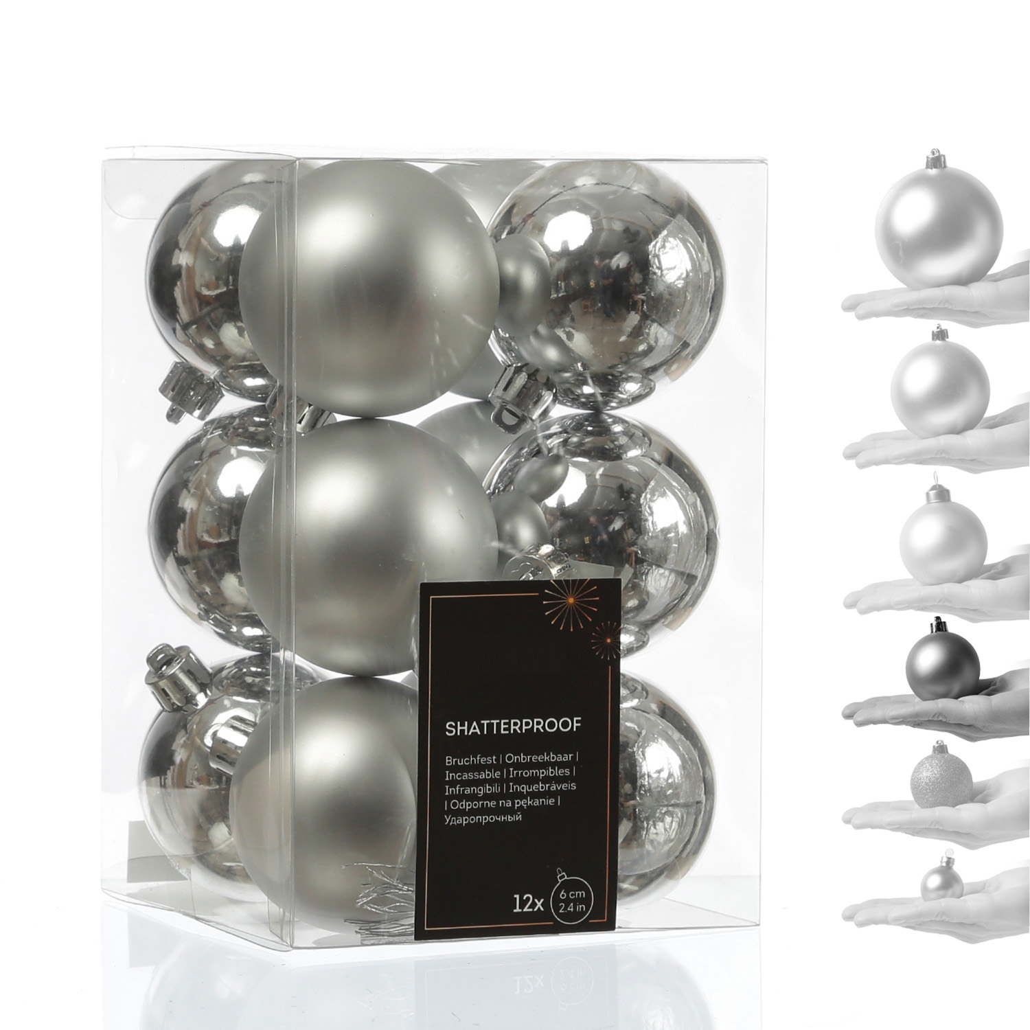 Christbaumkugeln - Weihnachtbaumskugeln - bruchfest - D: 6cm - glänzend/matt  - silber - 12er Set Christbaumkugeln - Weihnachtbaumskugeln - bruchfest - D: 6cm - glänzend/matt  - silber - 12er Set