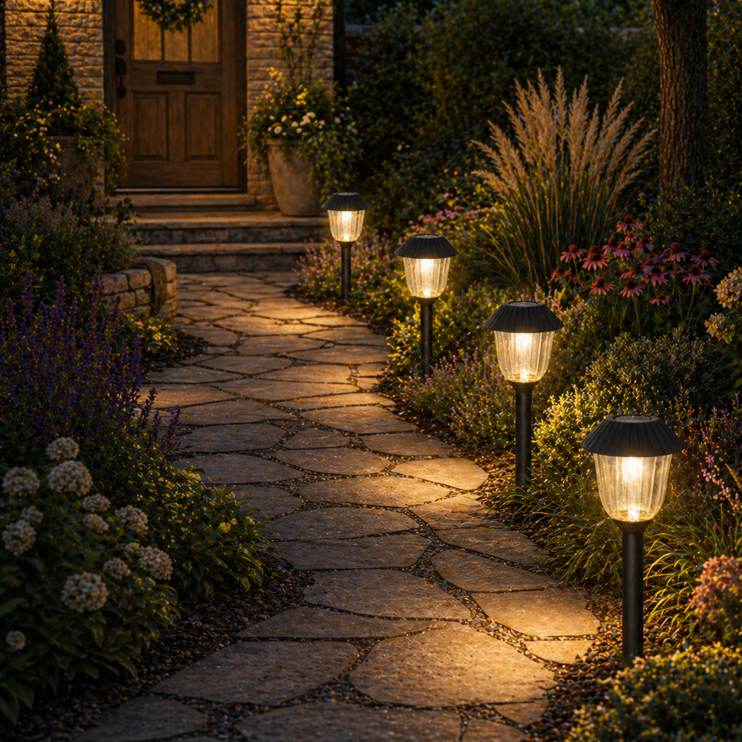 LED Solar Wegleuchten - Gartenleuchten mit Erdspieß - H: 31,5cm - Lichtsensor - 4er Set