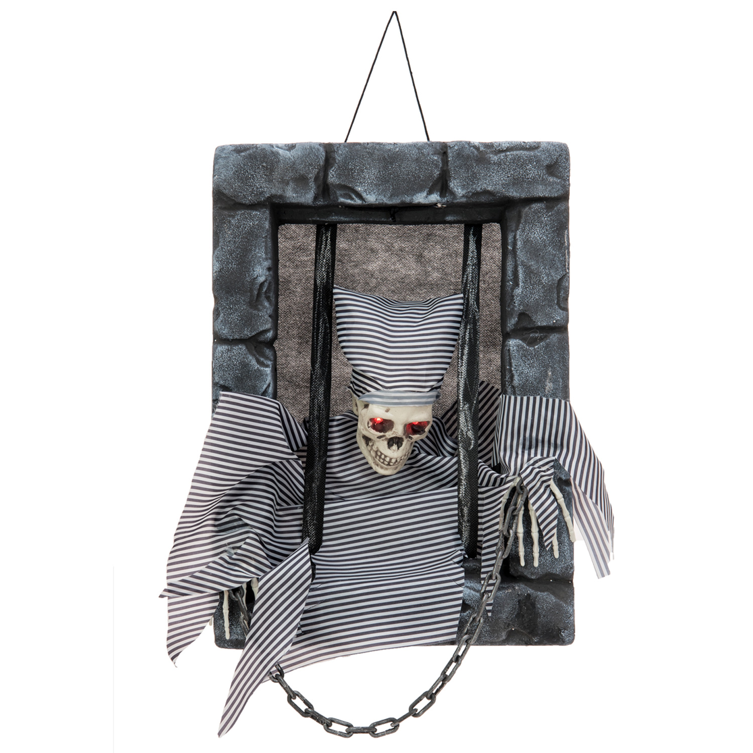 Halloween Figur Knasti - Wand-Dekoration - Totenkopf hinter Gittern - Rot blinkende Augen