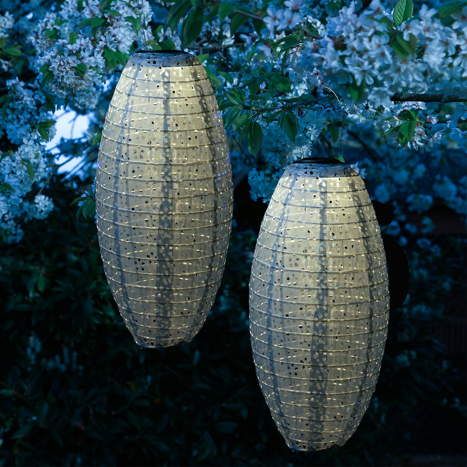 Solar Lampion Oval Blumenmuster LED Solar Lampion 2er Set Oval Mit Blumenmuster, Beige, 40 Cm, Warmweiß, IP44, Für Garten, Balkon & Terrasse