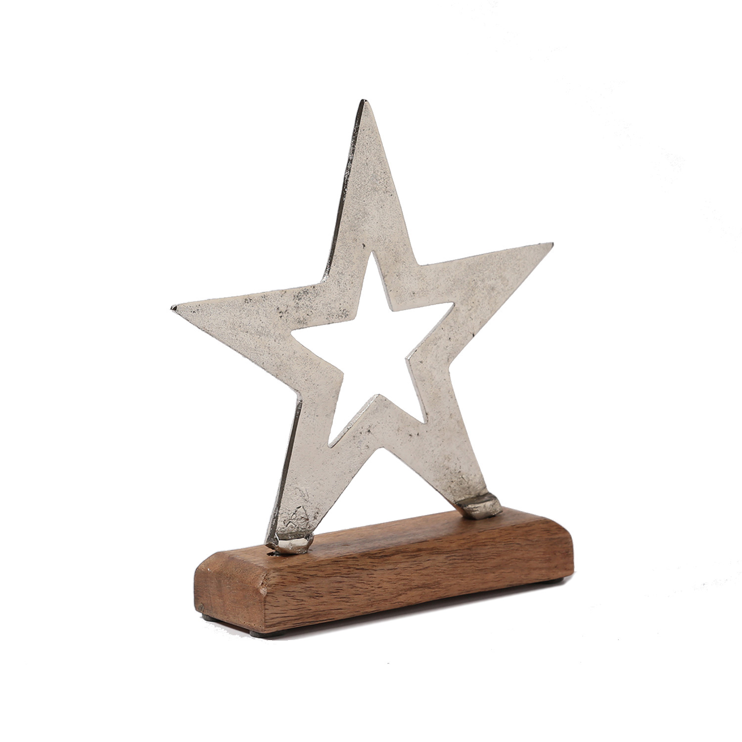Dekostern aus Aluminium - Metallstern - stehend - Mangoholzsockel - H: 20cm - natur, silber Dekostern aus Aluminium - Metallstern - stehend - Mangoholzsockel - H: 20cm - natur, silber