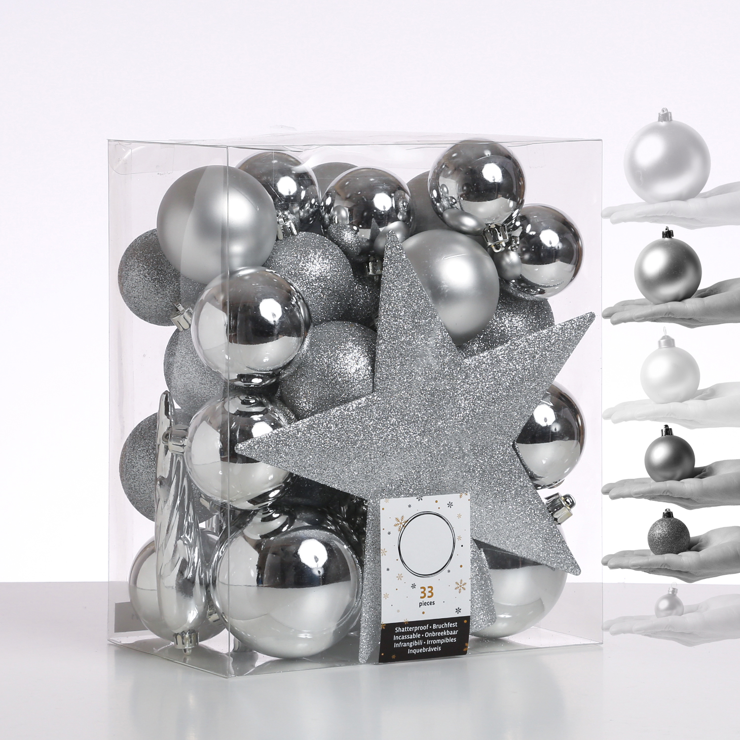 Christbaumkugel - Weihnachtsbaumkugel - bruchfest - glänzend, matt und glitzernd - silber - 33er Set