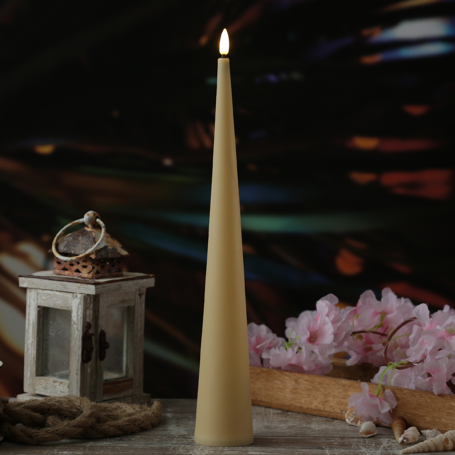 LED Kegelkerze - Kunststoff - realistische 3D Flamme - H: 35cm - Timer - für Außen - creme LED Kegelkerze - Kunststoff - realistische 3D Flamme - H: 35cm - Timer - für Außen - creme