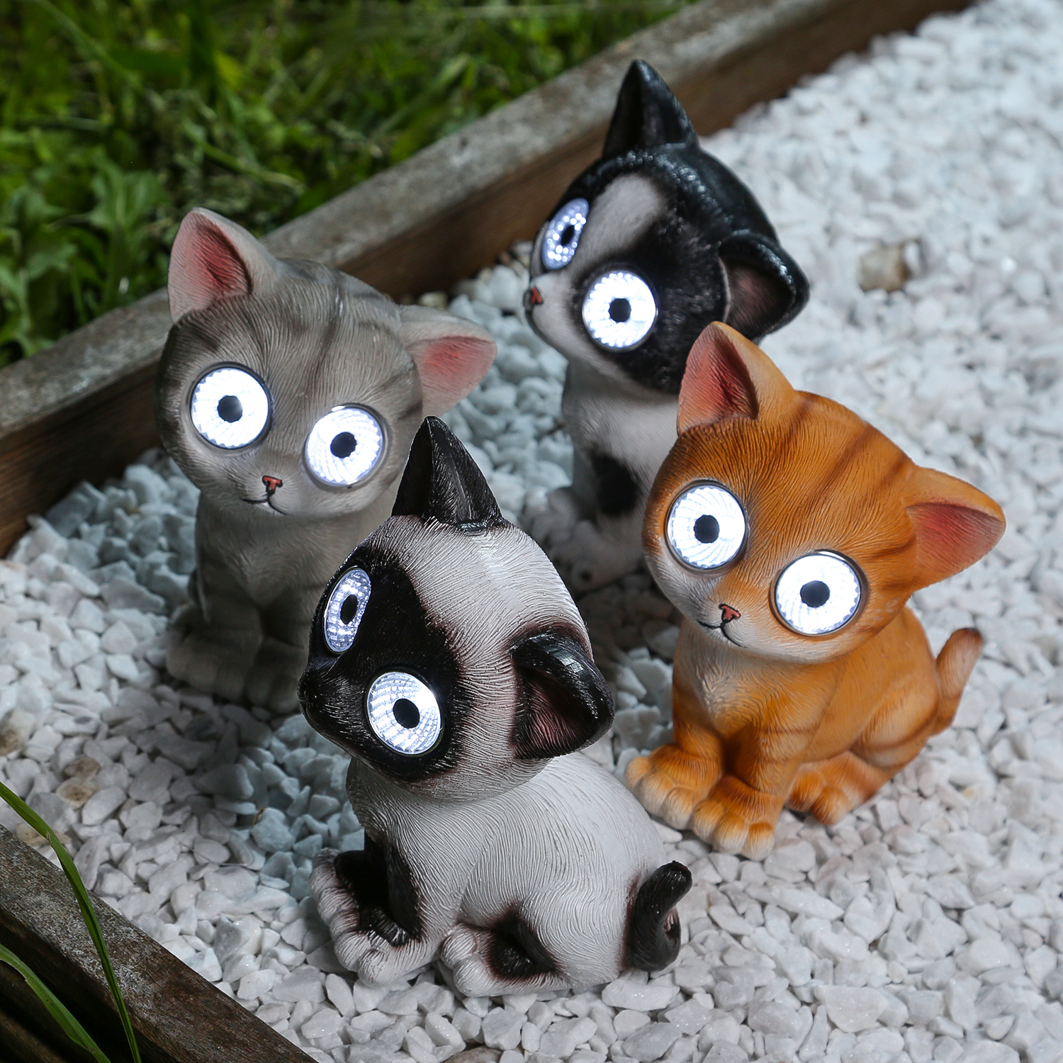 LED Solar Leuchte KATZE LILLY - kaltweiße LED - H: 16cm - orange gestreift