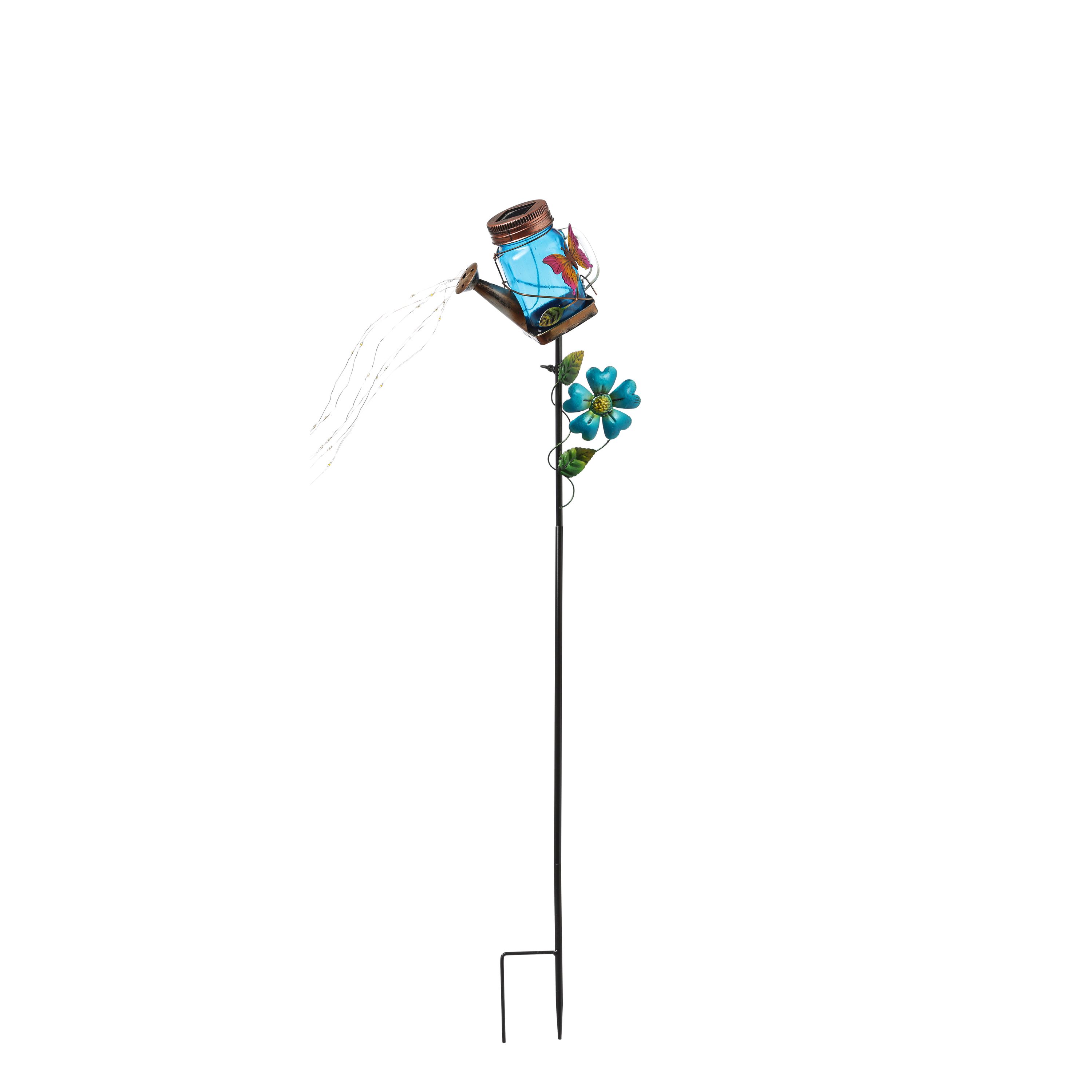LED Solar Gießkanne mit Wasserfall Lichterkette - Solarglas mit Schmetterling - H: 80cm - Sensor