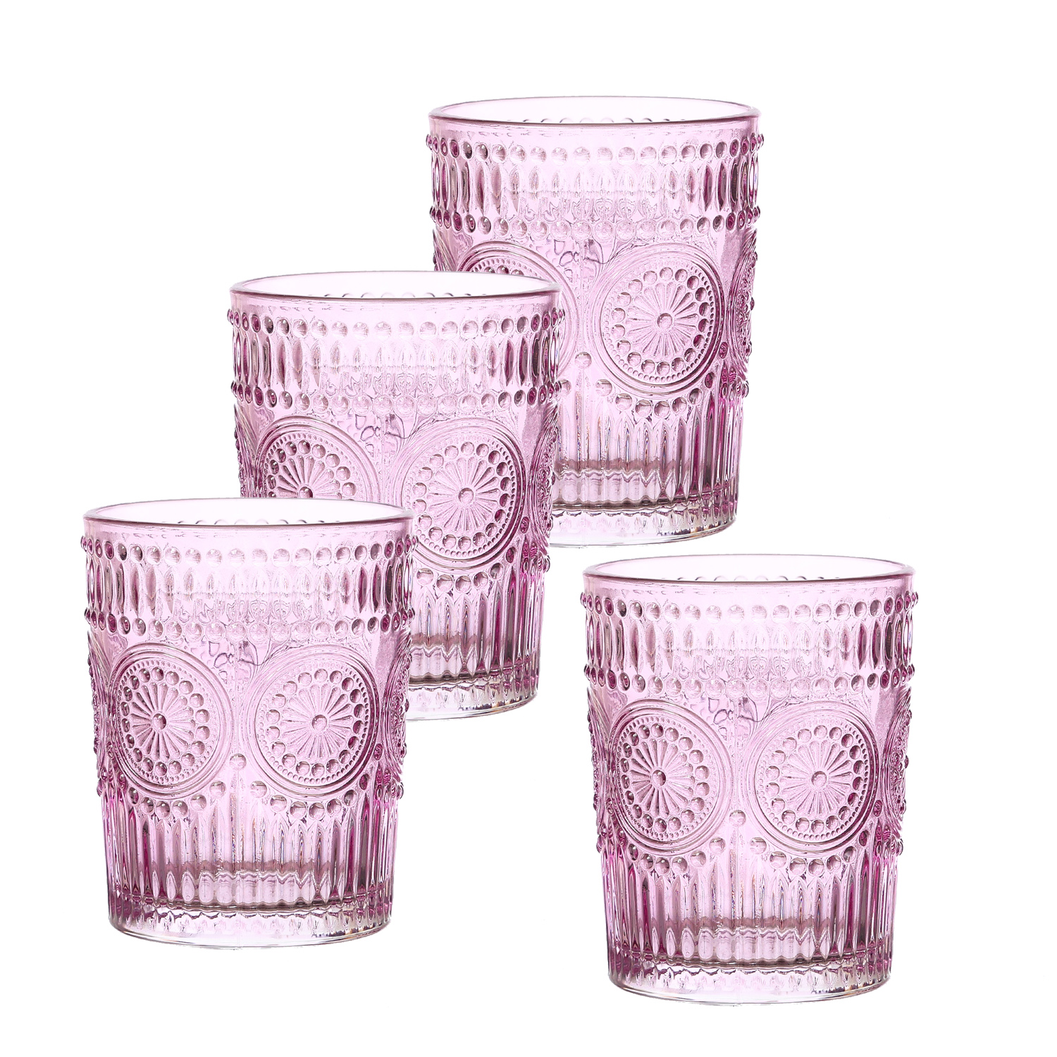 Trinkgläser Vintage - Glas - lebensmittelecht - 280ml - H: 10cm - mit Muster - lila - 4er Set