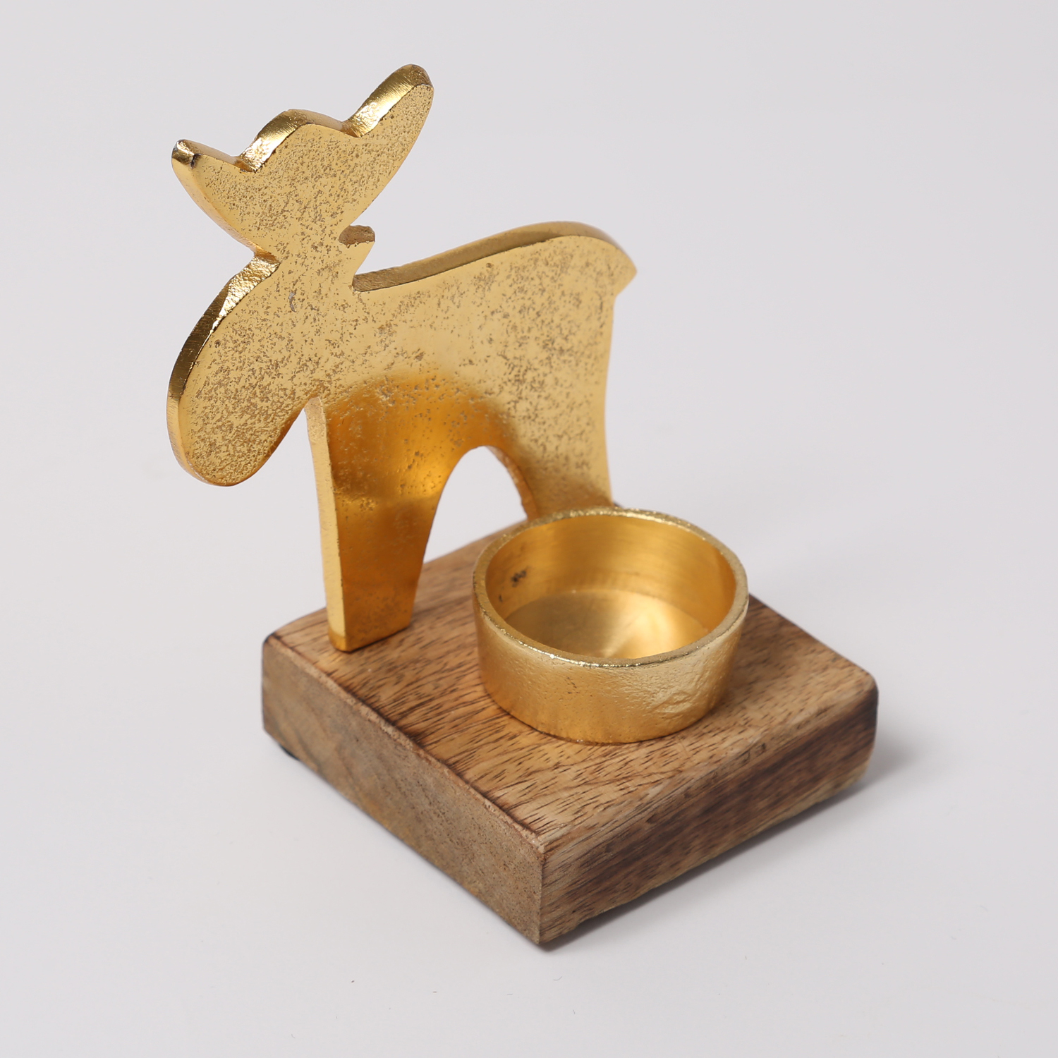 Teelichthalter HIRSCH - Aluminium - Mangoholzsockel - H: 12,1cm - natur, gold Teelichthalter HIRSCH - Aluminium - Mangoholzsockel - H: 12,1cm - natur, gold