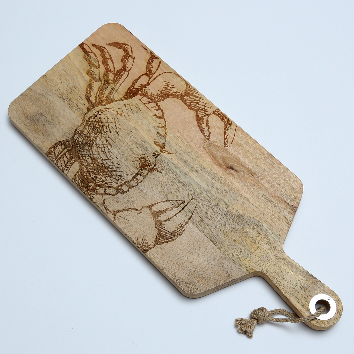 Schneidebrett - Vesperbrett - Krebsmotiv - Mangoholz - Kordel - L: 58cm - natur