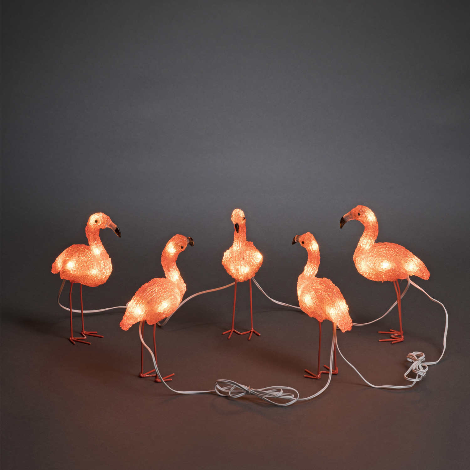LED Acryl Flamingos - 40 bernsteinfarbene LED - 24V Außentrafo - weißes Kabel - L: 4m LED Acryl Flamingos - 40 bernsteinfarbene LED - 24V Außentrafo - weißes Kabel - L: 4m