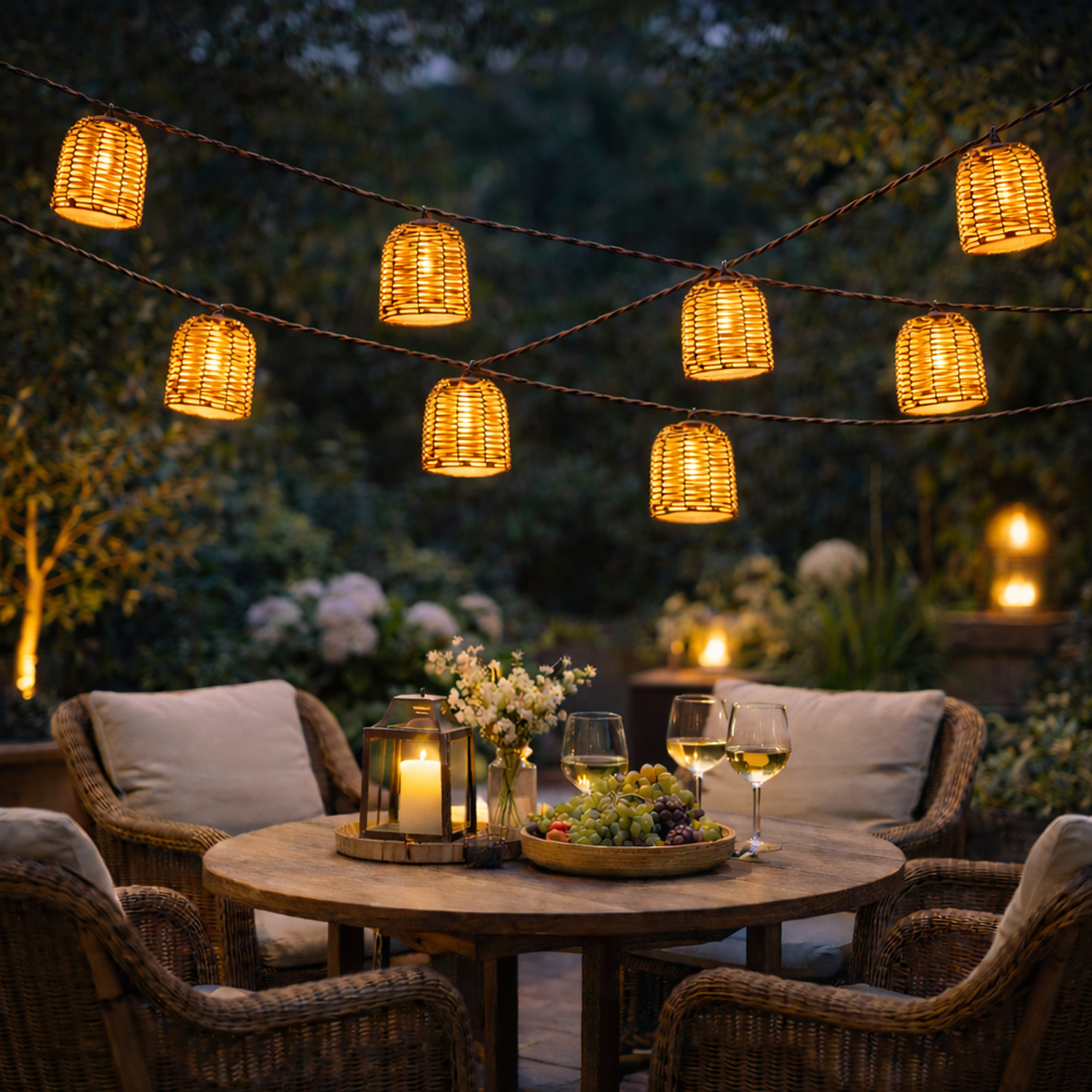 LED Solar Lichterkette Boho  - 8 Lampenschirme in Rattanoptik - L: 2,1m - Lichtsensor