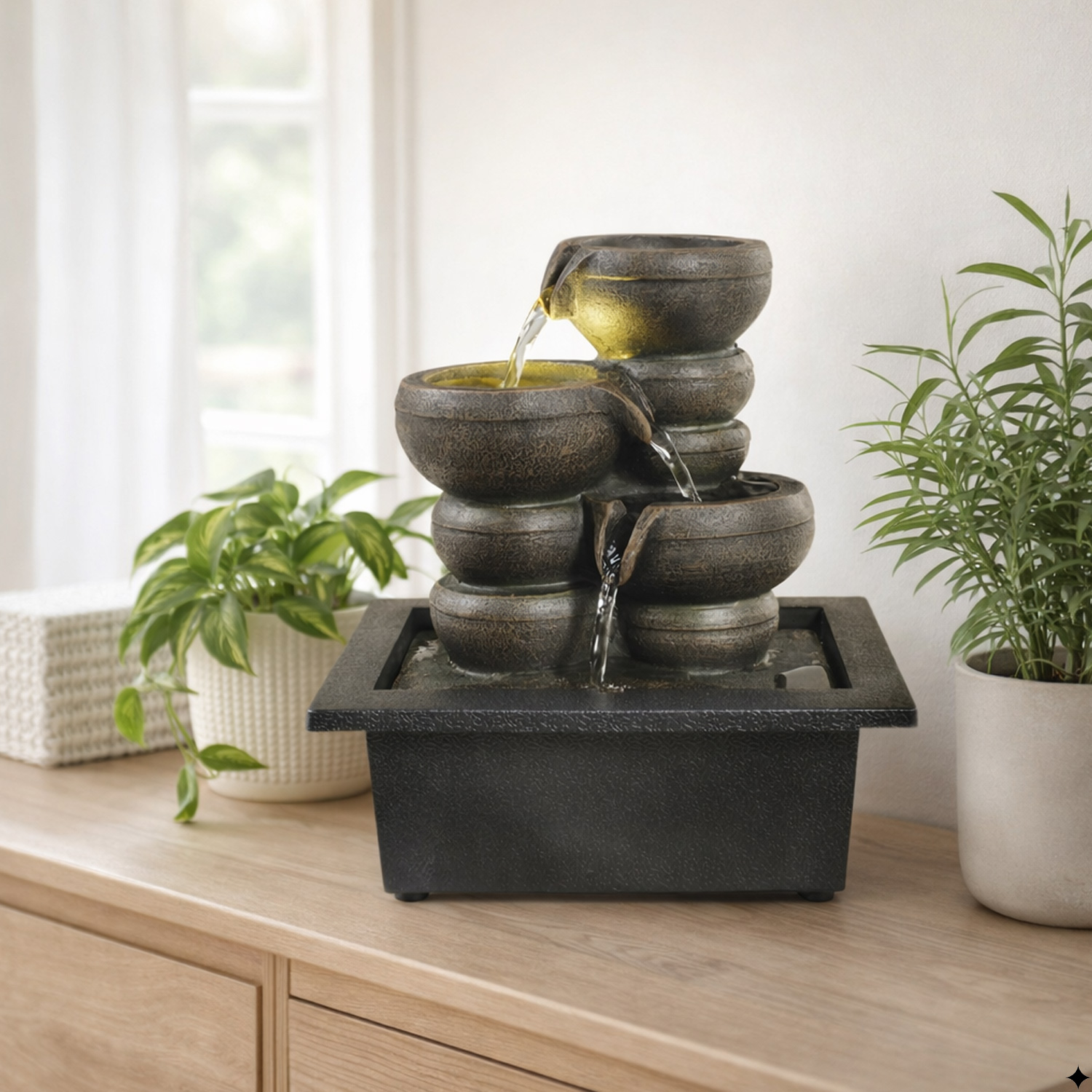 Kaskaden-Tischbrunnen mit LED Beleuchtung H25cm Zimmerbrunnen innen und außen