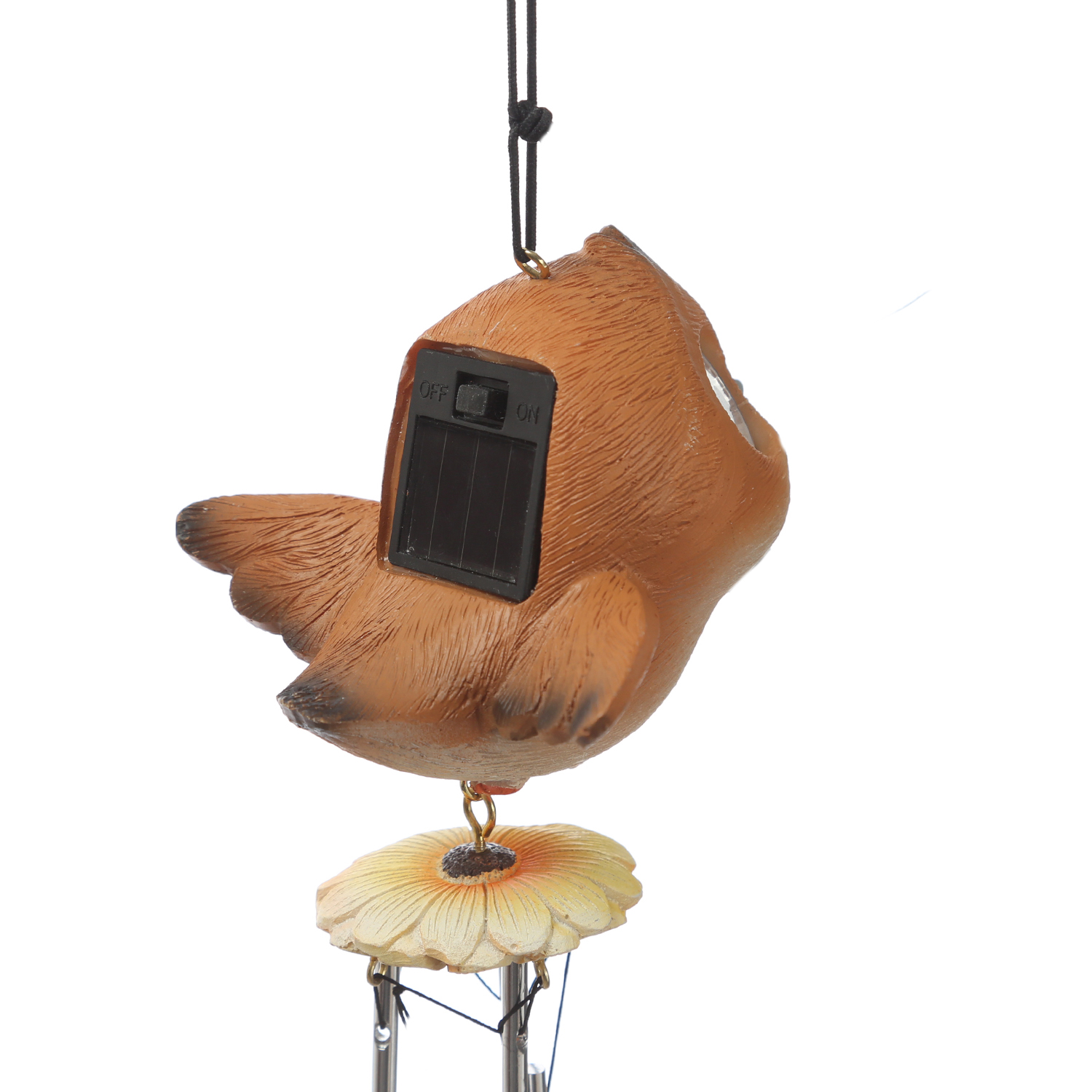 LED Solar Windspiel Vogel - Klangspiel mit Vögelchen mit leuchtenden Augen - H: 29cm - Lichtsensor