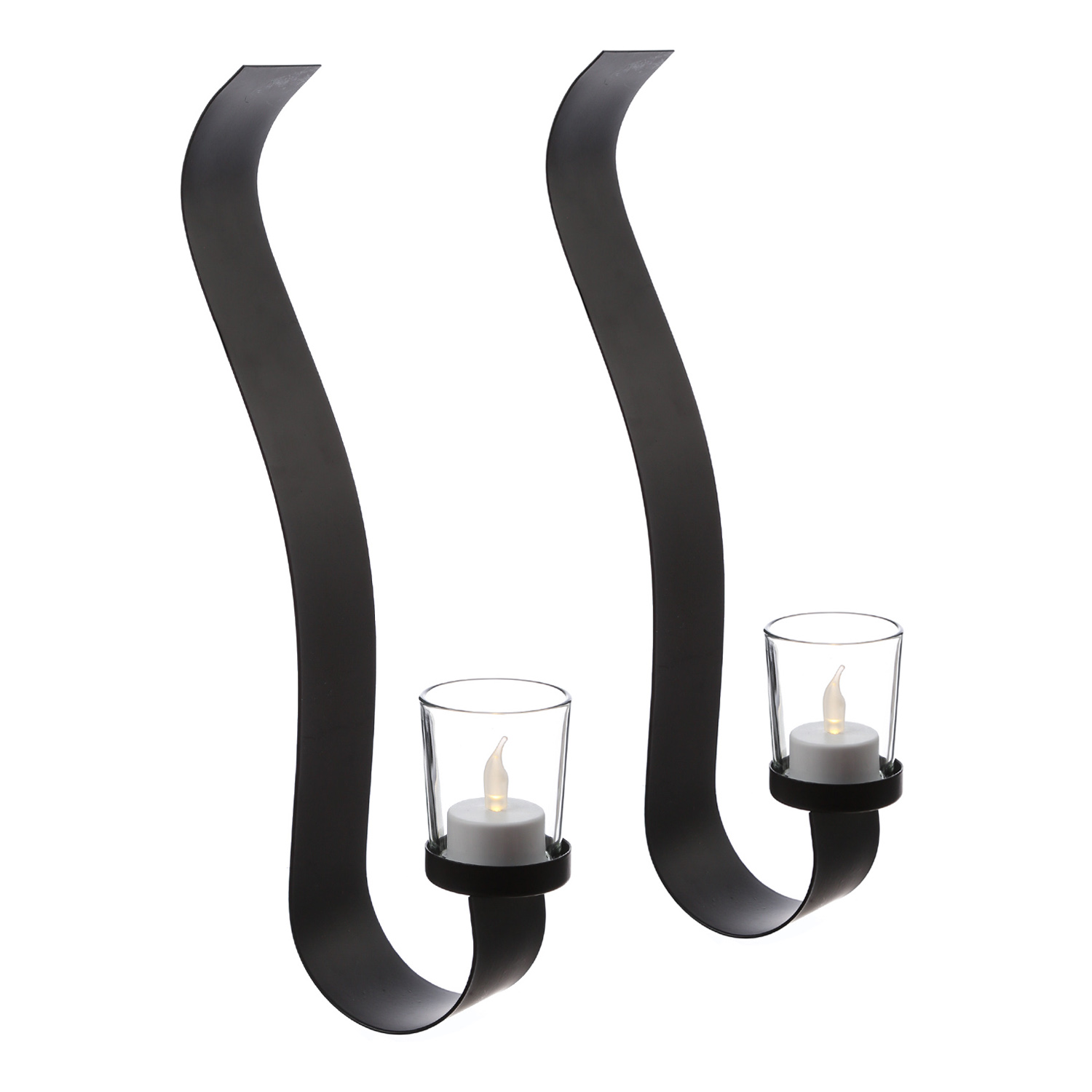 Wandkerzenhalter WAVE - mit Glasteelichthalter - Metall - H: 35cm -  schwarz - 2er Set Wandkerzenhalter WAVE - mit Glasteelichthalter - Metall - H: 35cm -  schwarz - 2er Set