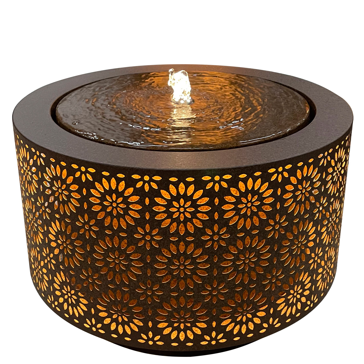 LED Brunnen mit Blumenmuster - Gartenbrunnen - Stahl - D: 50cm - für Außen - rostbraun