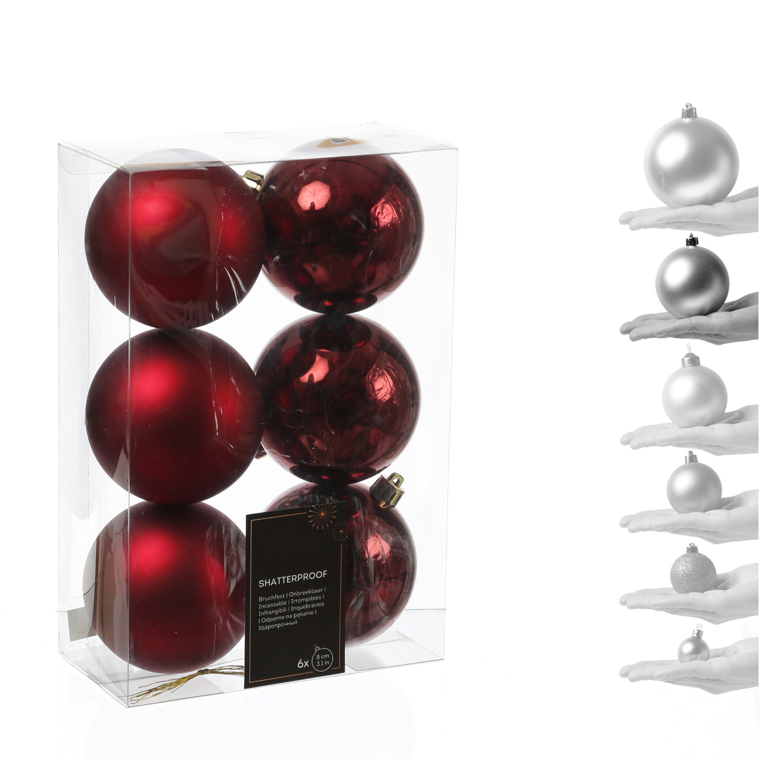 Christbaumkugeln - Weihnachtbaumskugeln - bruchfest - D: 8cm - glänzend/matt  - weinrot - 6er Set Christbaumkugeln - Weihnachtbaumskugeln - bruchfest - D: 8cm - glänzend/matt  - weinrot - 6er Set