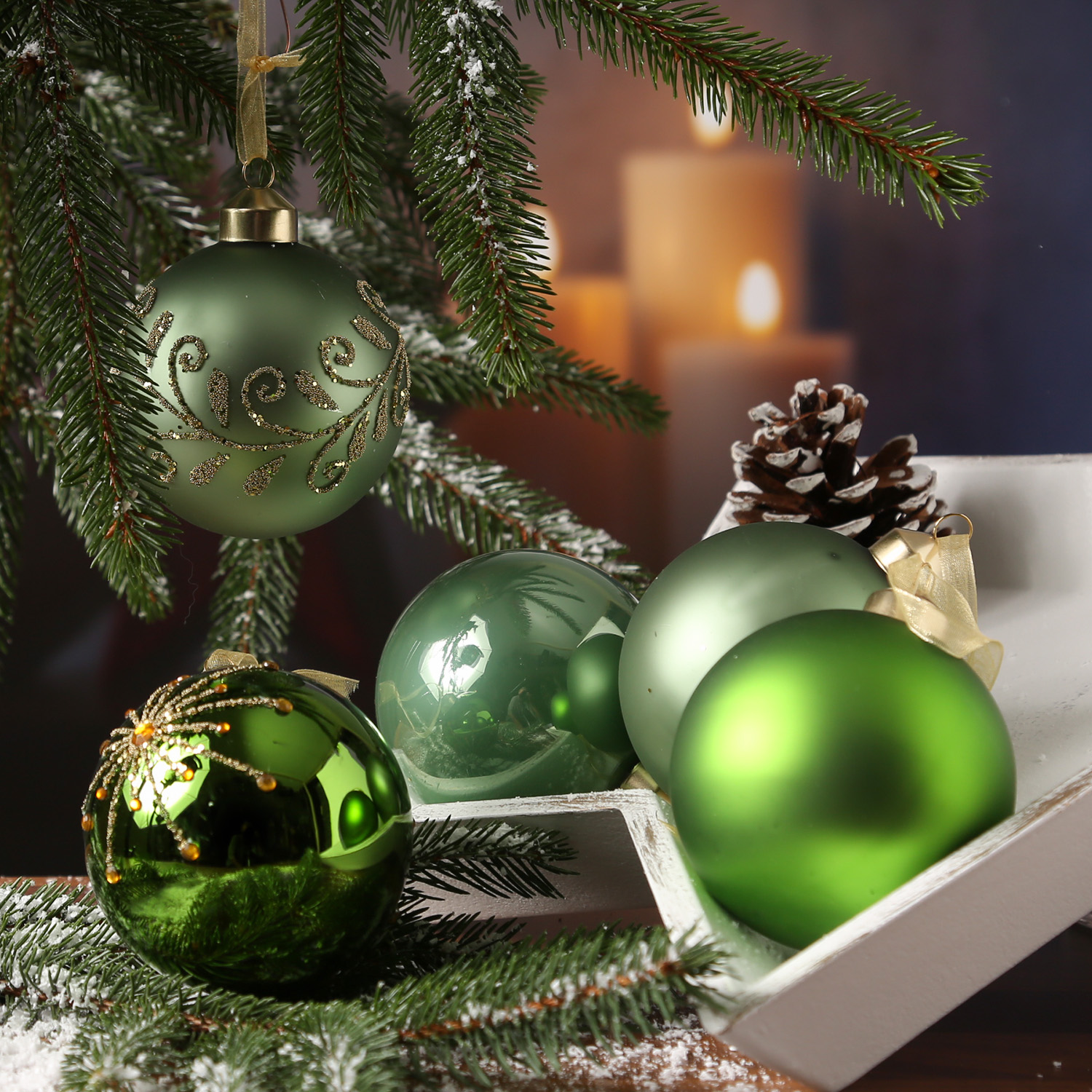 Christbaumkugel - Weihnachtsbaumkugel - Glas - D: 8cm - glänzend, matt - grün, salbeigrün - 6er Set Christbaumkugel - Weihnachtsbaumkugel - Glas - D: 8cm - glänzend, matt - grün, salbeigrün - 6er Set