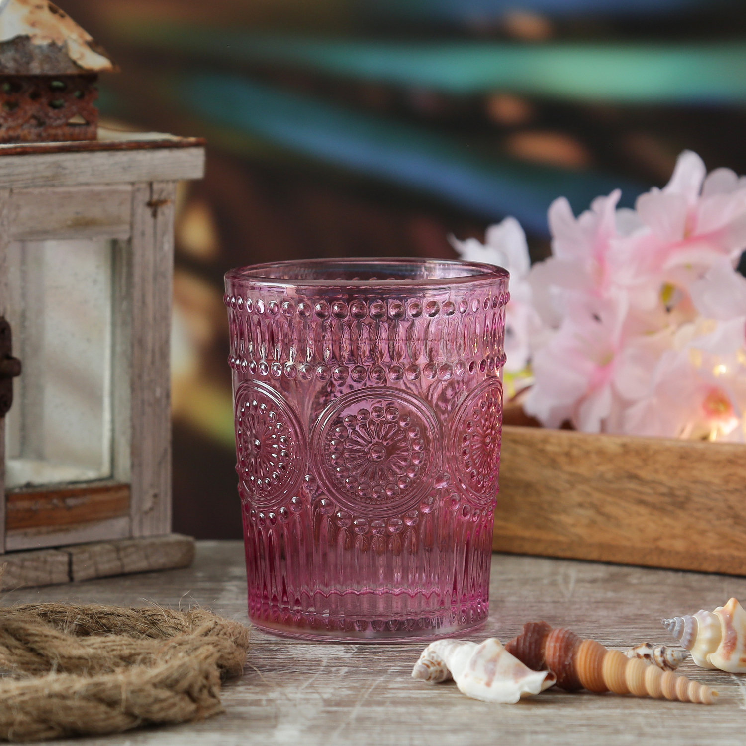 Trinkglas Vintage - Glas - lebensmittelecht - 280ml - H: 10cm - mit Muster - lila