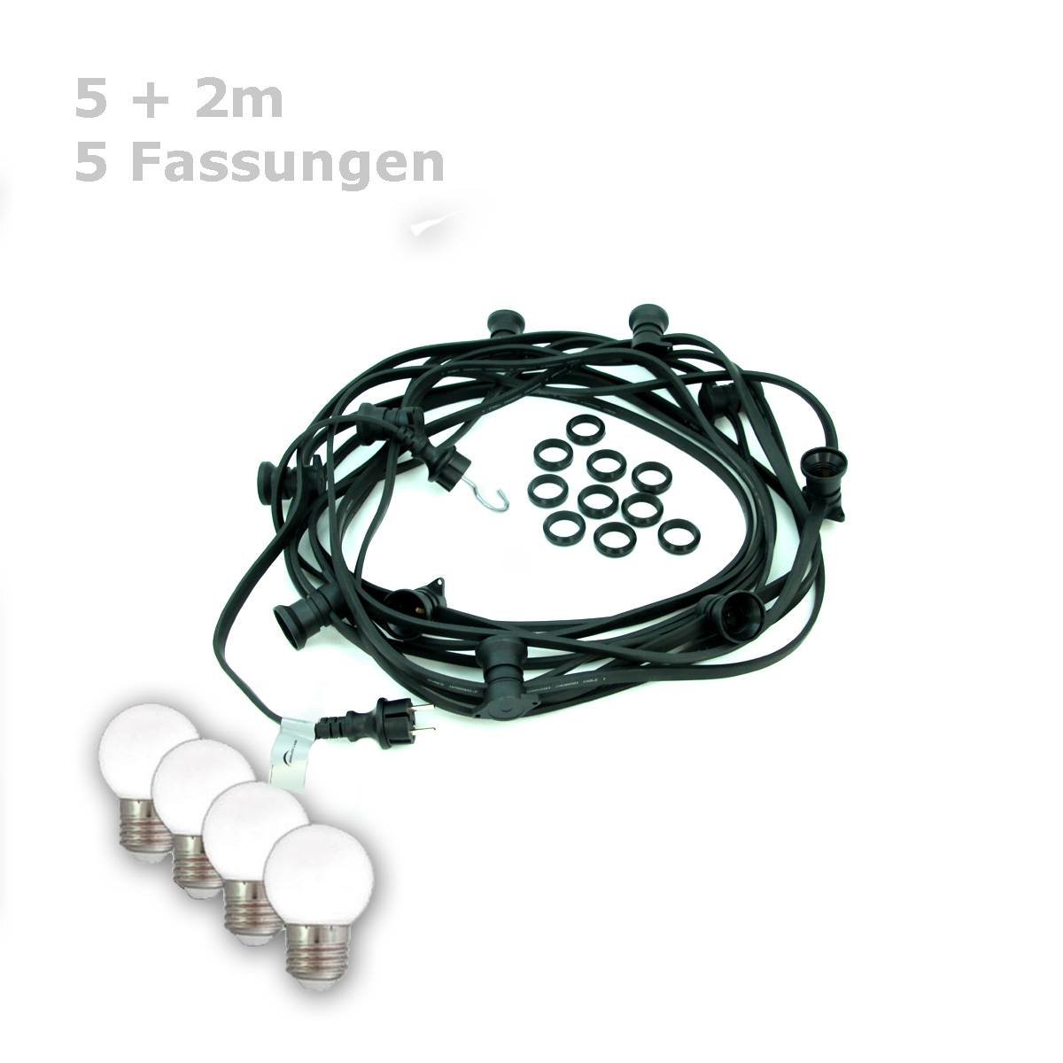 ILLU-Lichterkette BLACKY - 5m - 5xE27 | IP44 | kleine bruchfeste Tropfenlampen hellweiß | SATISFIRE