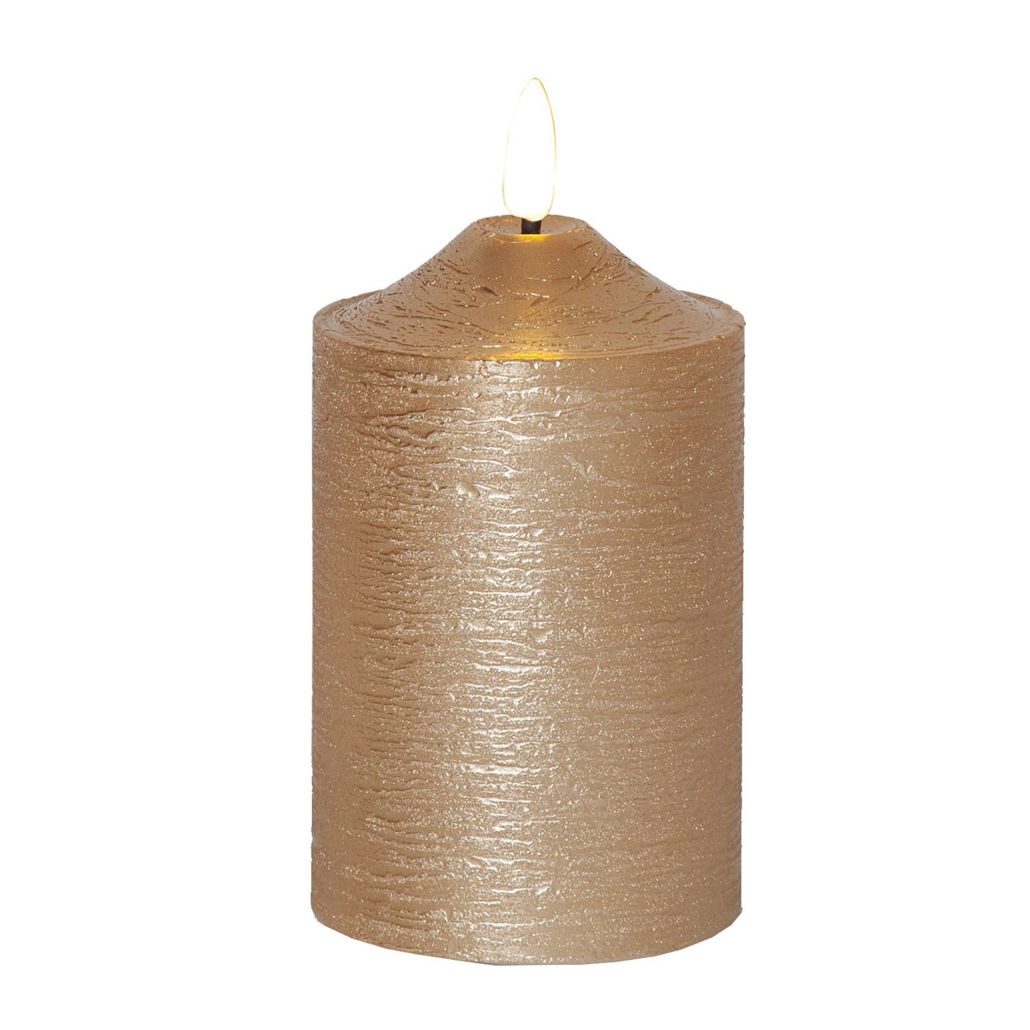 LED Stumpenkerze "Flamme" - Echtwachs - warmweiße LED - H: 15cm, D: 7,5cm - Timer - goldfarben LED Stumpenkerze "Flamme" - Echtwachs - warmweiße LED - H: 15cm, D: 7,5cm - Timer - goldfarben