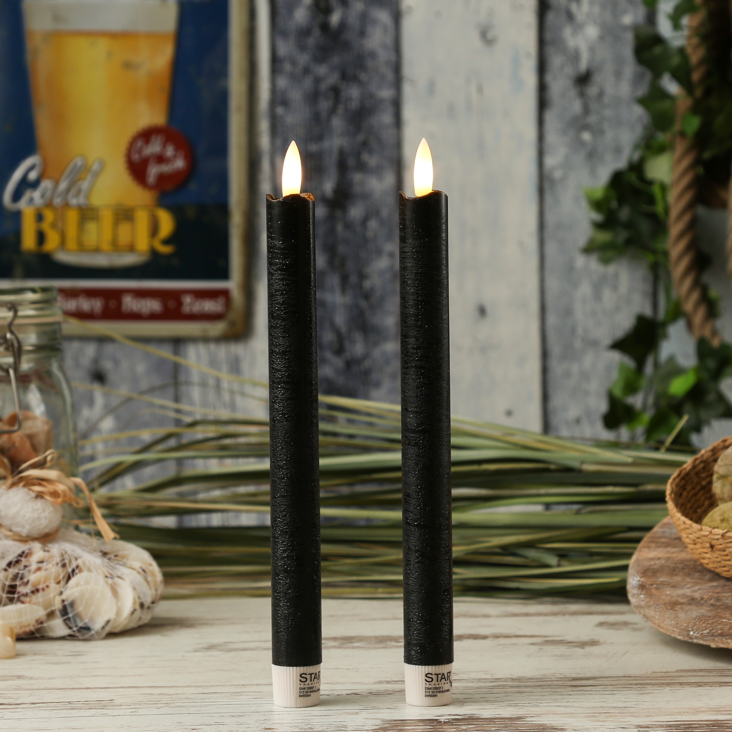 LED Stabkerzen Flamme - Echtwachs - flackernde warmweisse LED - H- 25cm - Timer - schwarz - 2er Set LED Stabkerzen Flamme - Echtwachs - flackernde warmweisse LED - H- 25cm - Timer - schwarz - 2er Set