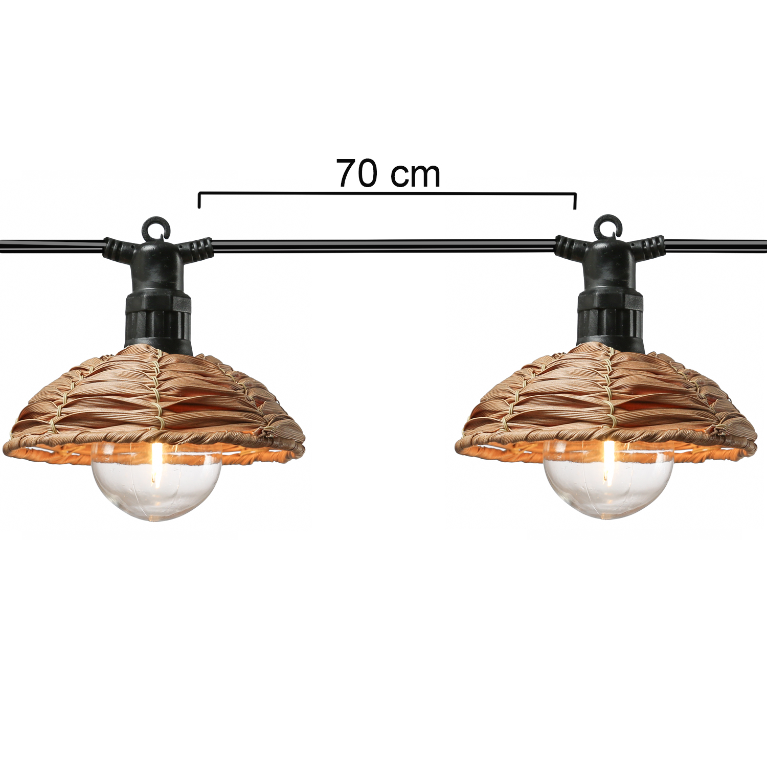 LED Lichterkette BOHO - 6 beluchtete Lampenschire in Korbgeflecht-Optik aus Kunststoff - L: 3,5m