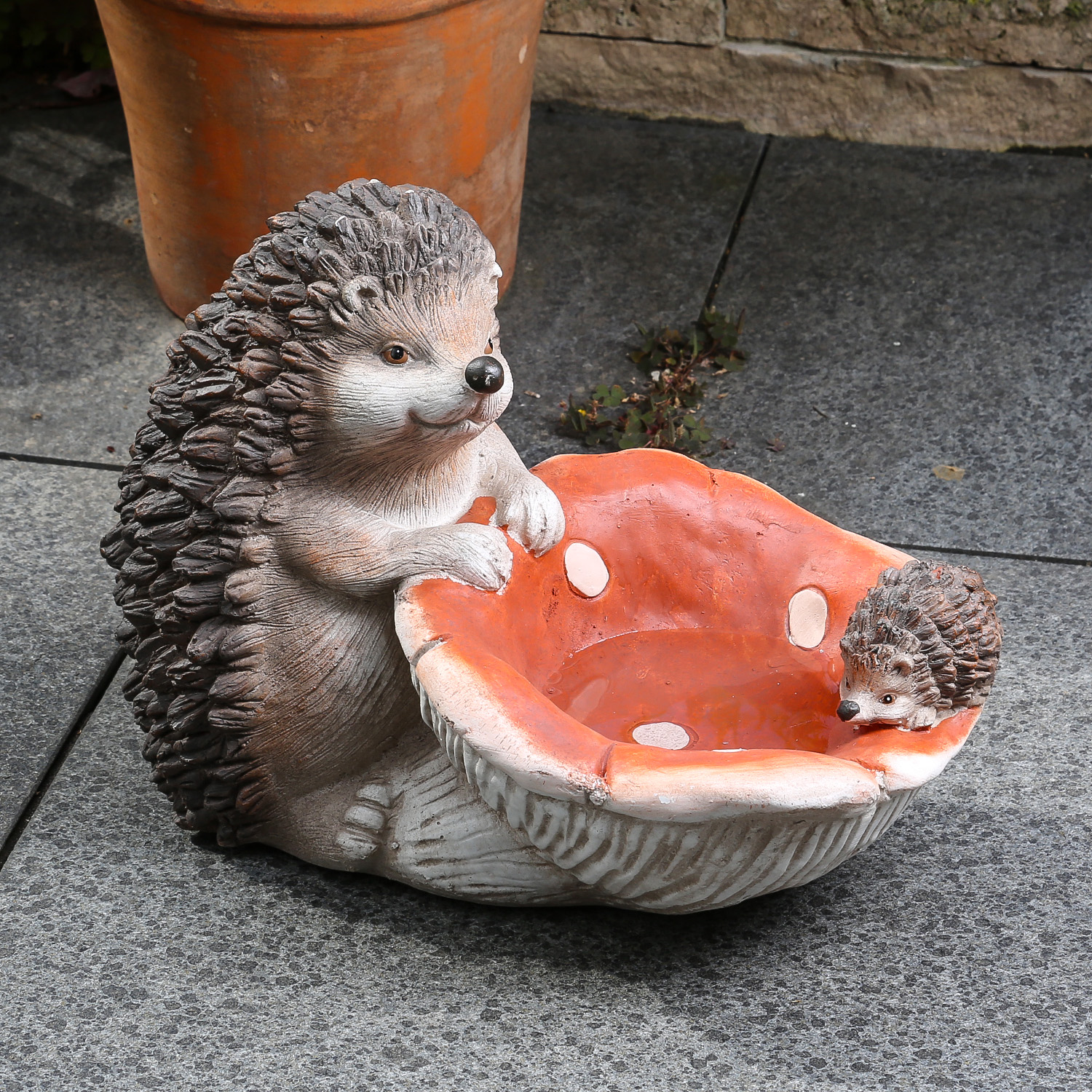 B-Ware Futterstelle Igel Mutter und Kind mit Pilzschale - Kunststein - H: 29cm - anthrazit, braun, weiß