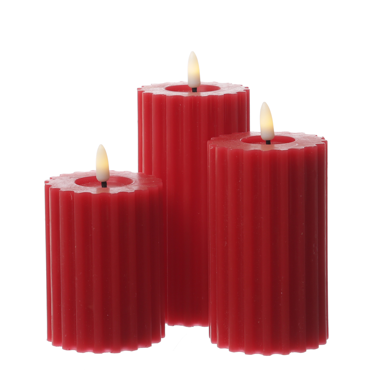 LED Kerze LIV - gerillt - Echtwachs - warmweiße 3D Flamme - H: 17,5cm - D: 7,5cm - Timer - rot