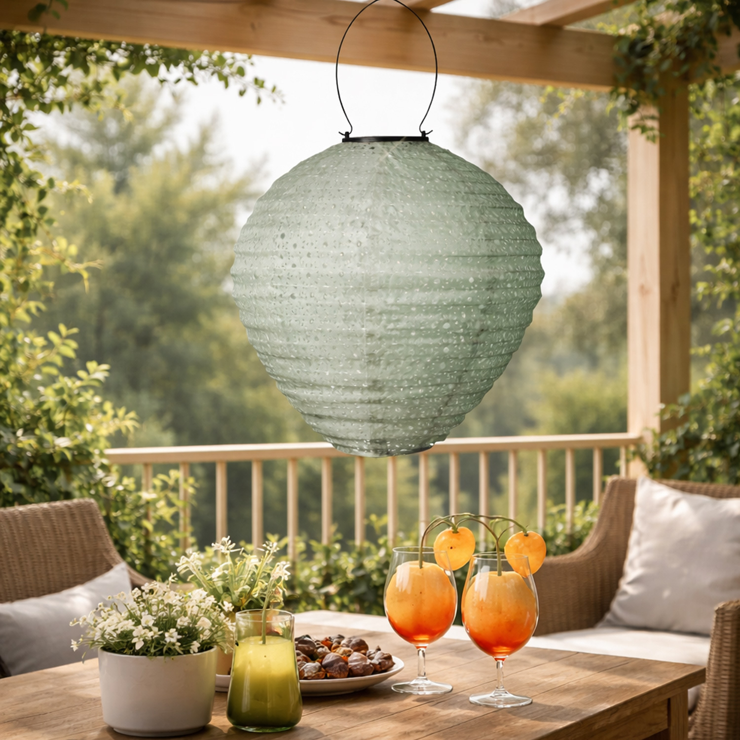 LED Solar Lampion Ballon - mit Blumenmuster - warmweiße LED - H: 30cm - D: 30cm - Lichtsensor - grün