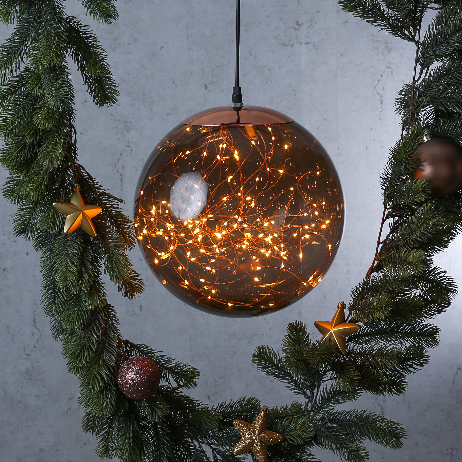 LED Kugel mit Drahtlichterkette - hängend - 140 bernsteinfarbene LED - D: 30cm - f.Außen - rauchgrau LED Kugel mit Drahtlichterkette - hängend - 140 bernsteinfarbene LED - D: 30cm - f.Außen - rauchgrau