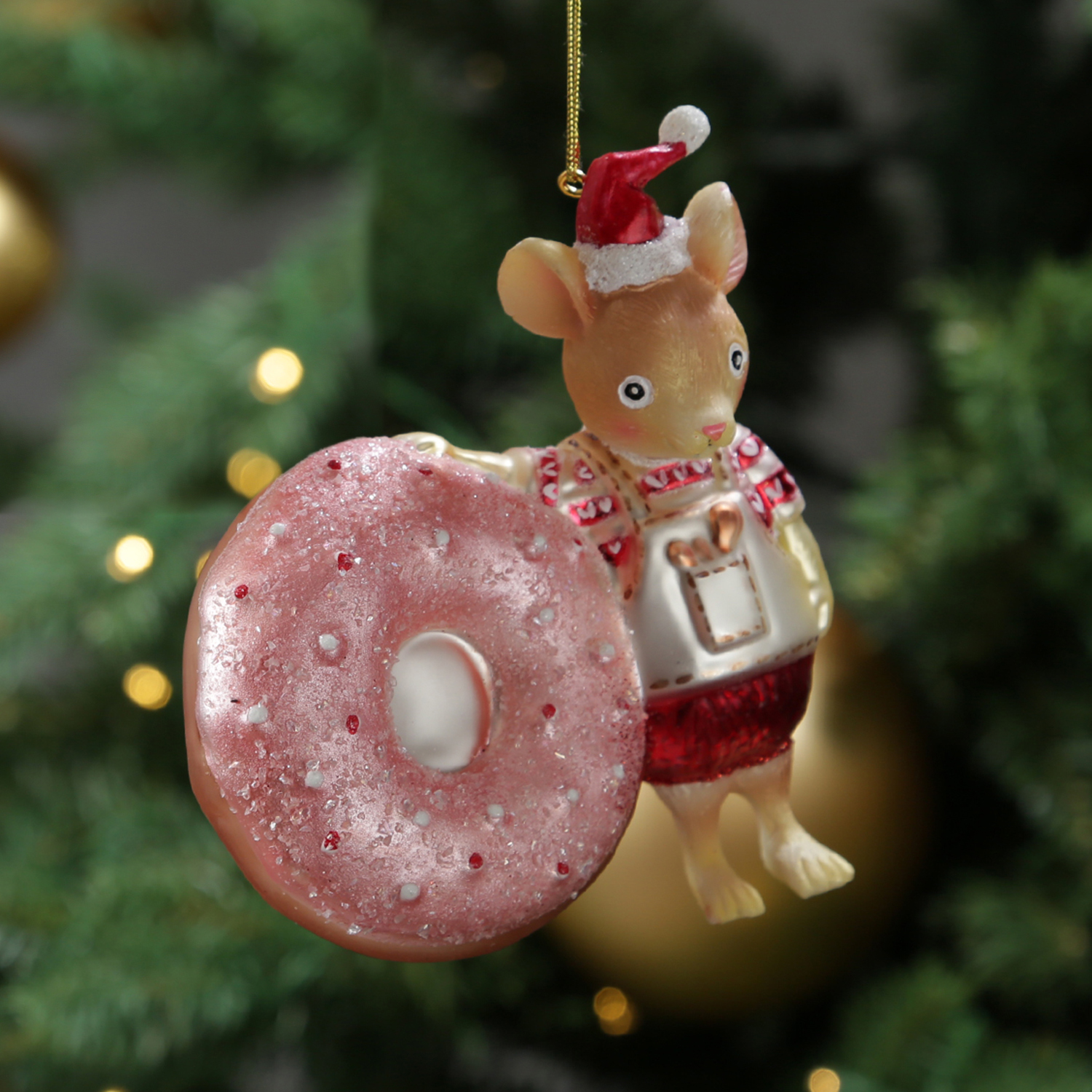 Weihnachtsbaumschmuck Mäuschen mit Donut - Christbaumschmuck - Glas - H: 11,5cm Weihnachtsbaumschmuck Mäuschen mit Donut - Christbaumschmuck - Glas - H: 11,5cm