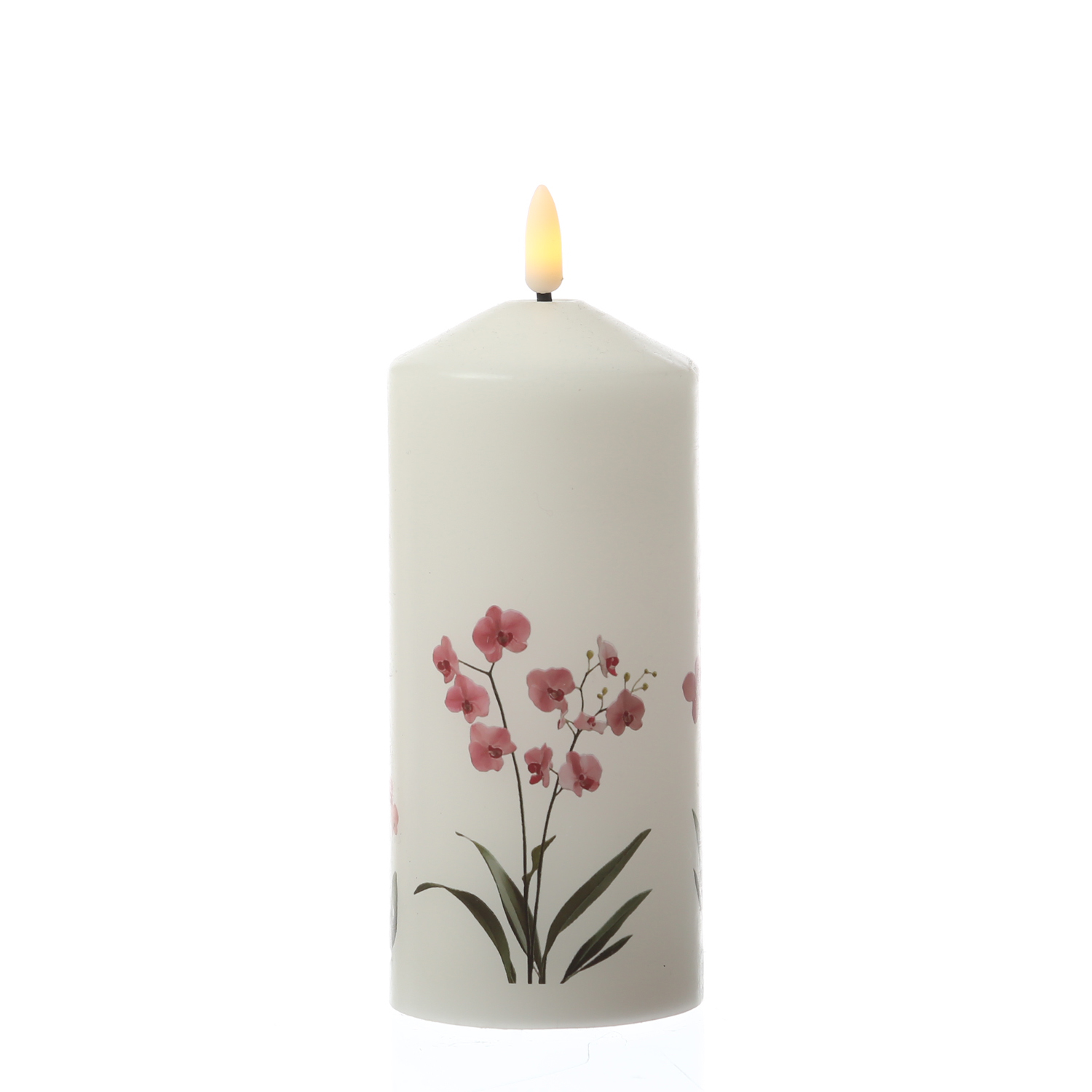 LED Kerze mit Orchideen Motiv - Echtwachskerze mit Blumen Design - H: 18,5cm - D: 7cm - Timer