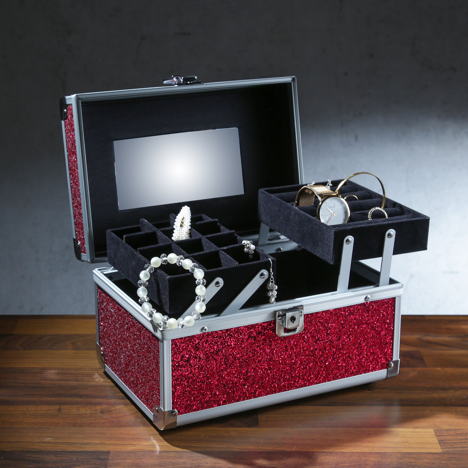MARELIDA® Schmuckkoffer in Rot mit Glitzeroptik | Premium Schmuckkästchen für Schmuck & Co.