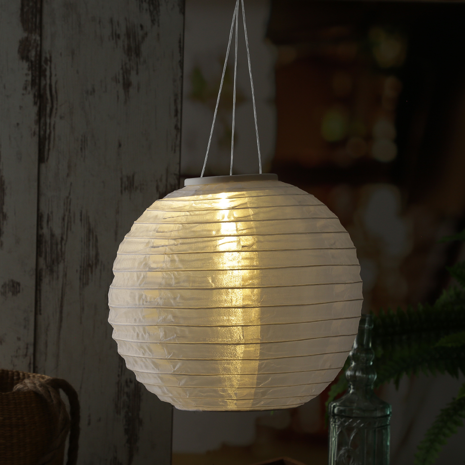 LED Solar Lampion - 1 warmweiße LED - H: 35cm - D: 40cm - Lichtsensor - weiß