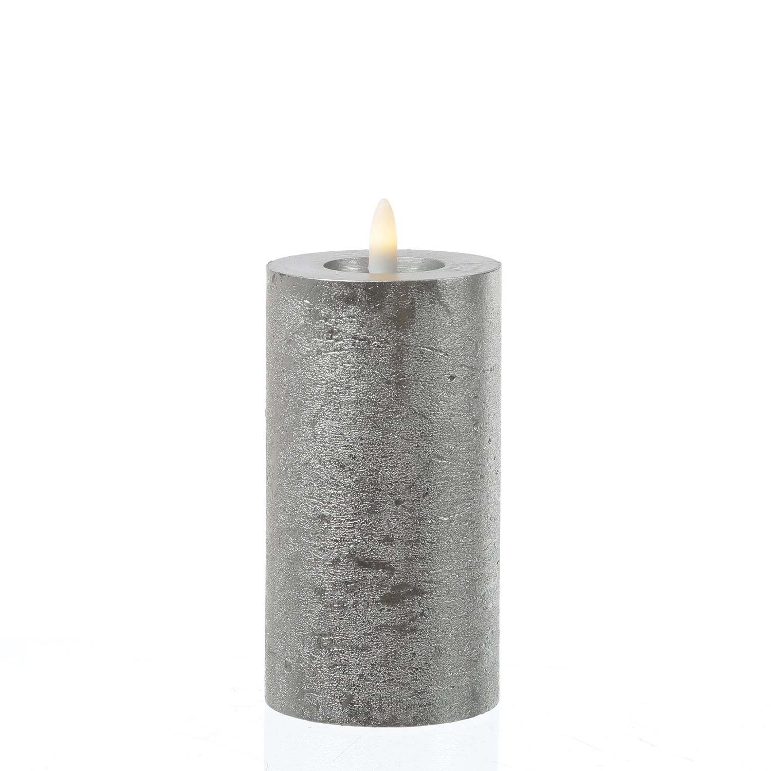 LED Kerze LINA - Rustik-Optik - Echtwachs - 3D Flamme - H: 15cm - D: 7cm - Timer - silber