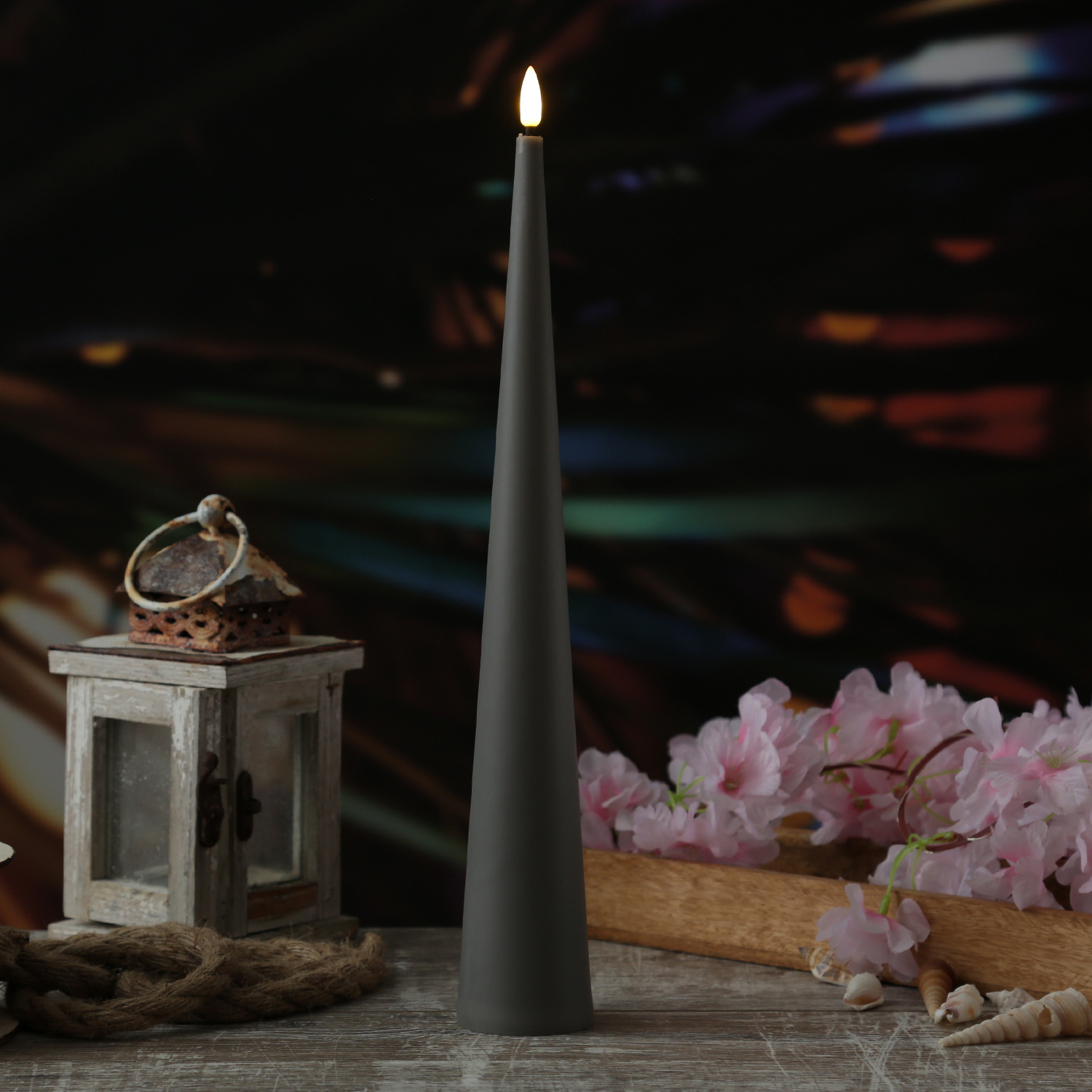 LED Kegelkerze - Kunststoff - realistische 3D Flamme - H: 35cm - Timer - für Außen - grau LED Kegelkerze - Kunststoff - realistische 3D Flamme - H: 35cm - Timer - für Außen - grau