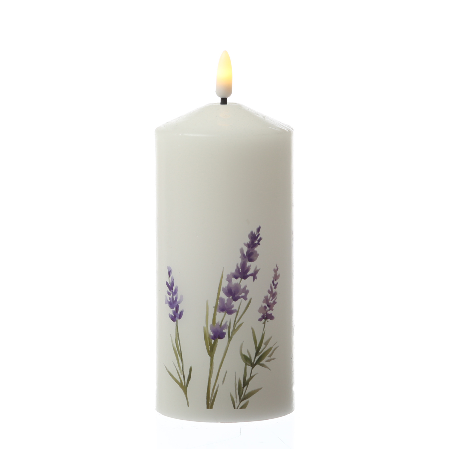 LED Kerze mit Lavendel Motiv - Echtwachs - H: 18,5cm - D: 7cm - Batteriebetrieb - Timer
