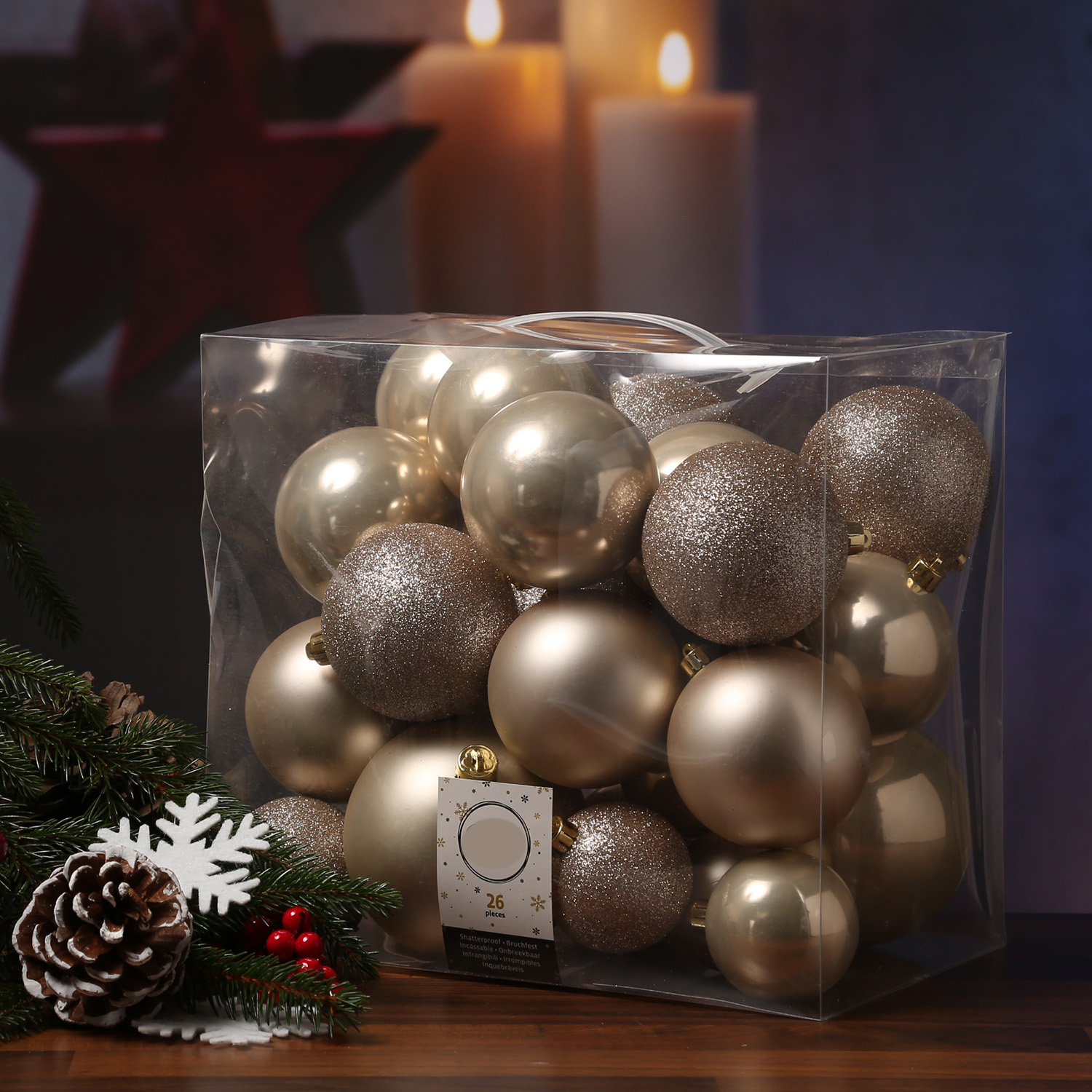 Christbaumkugel - Weihnachtsbaumkugel - bruchfest - glänzend matt glitzernd - champagner - 26er Set Christbaumkugel - Weihnachtsbaumkugel - bruchfest - glänzend matt glitzernd - champagner - 26er Set
