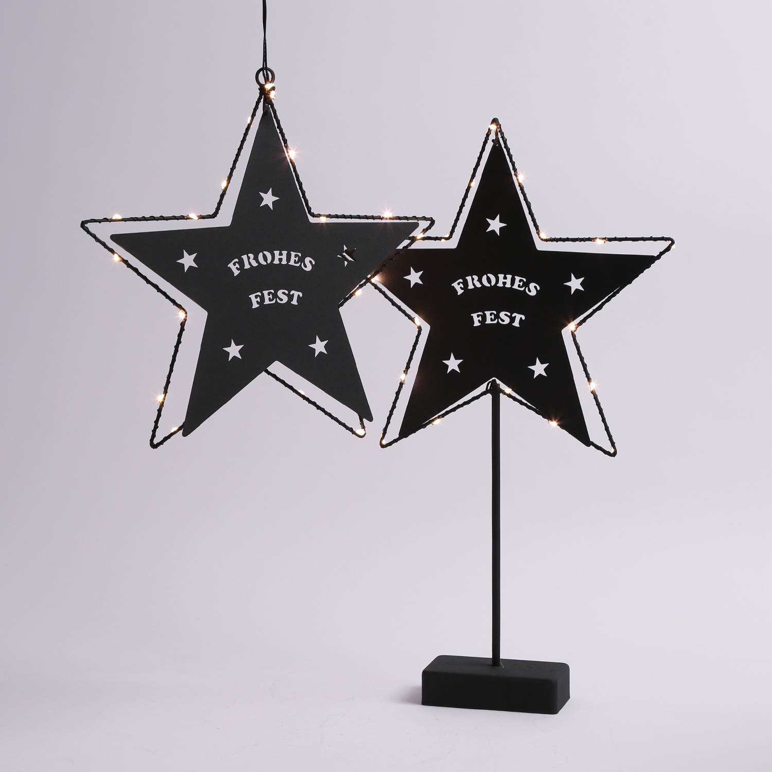LED Hängestern FROHES FEST - Metallstern - 5-zackig - D: 27cm - 20 LED - Batteriebetrieb - schwarz LED Hängestern FROHES FEST - Metallstern - 5-zackig - D: 27cm - 20 LED - Batteriebetrieb - schwarz